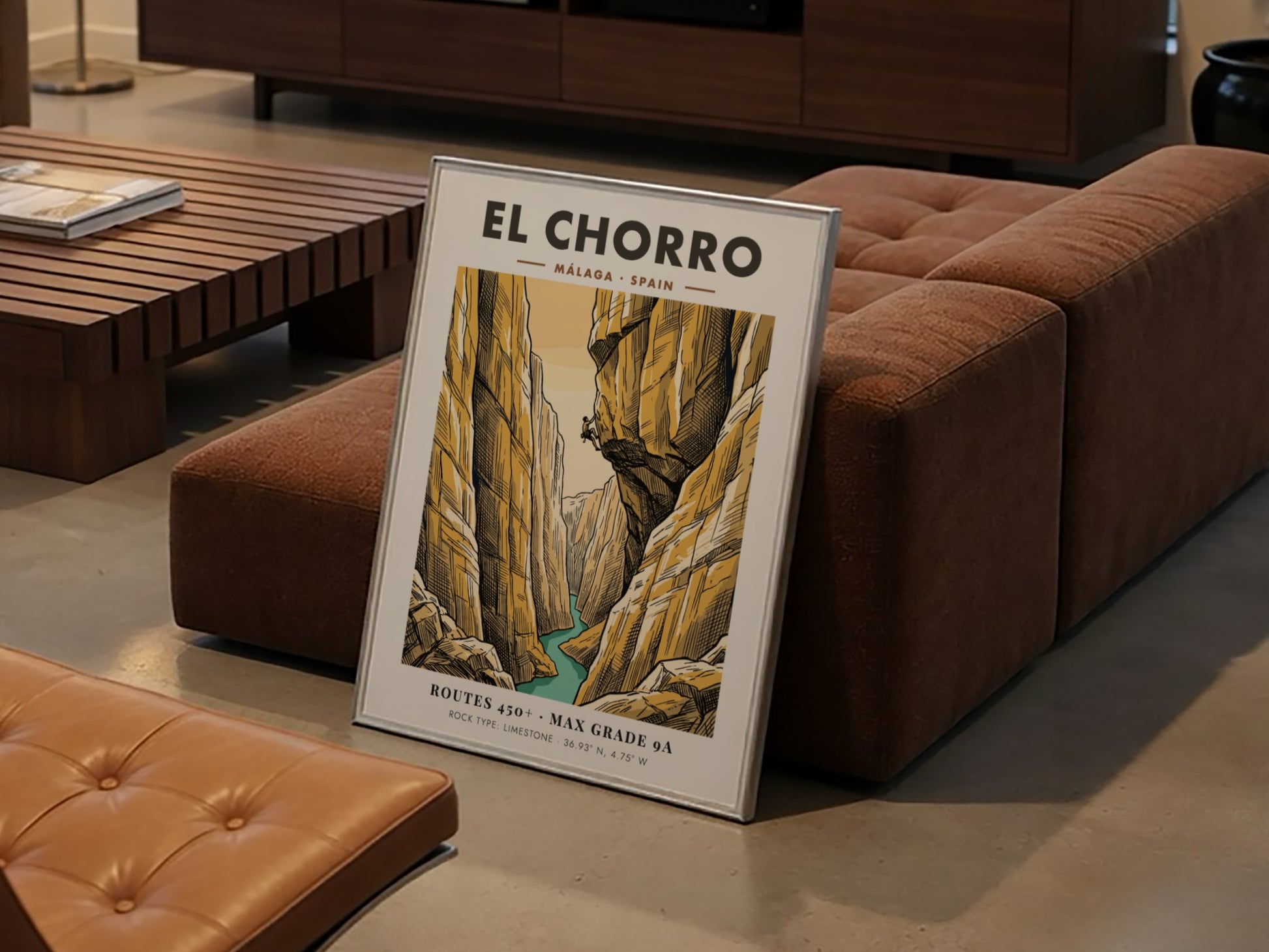 Climbing poster featuring the El Chorro canyon in Malaga Spain with golden cliffs.