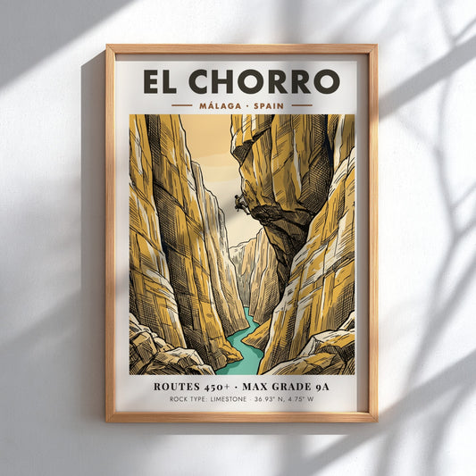Climbing poster featuring the El Chorro canyon in Malaga Spain with golden cliffs.