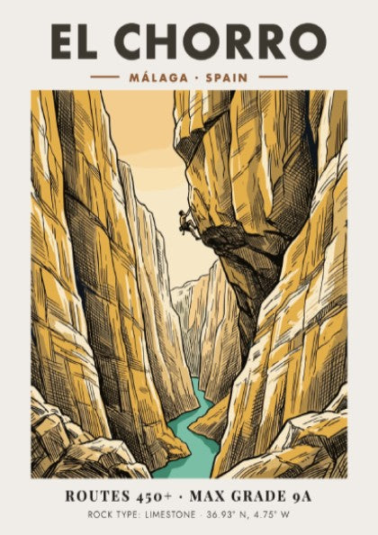 Climbing poster featuring the El Chorro canyon in Malaga Spain with golden cliffs.