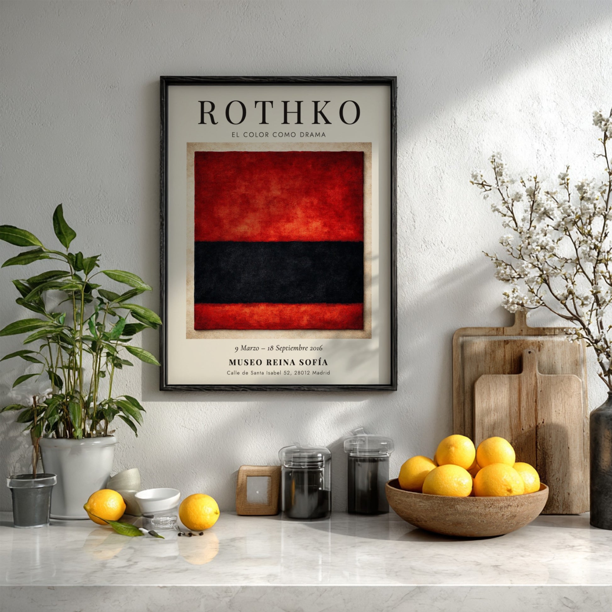 Wall art poster featuring Mark Rothko’s El Color Como Drama with red and black blocks.