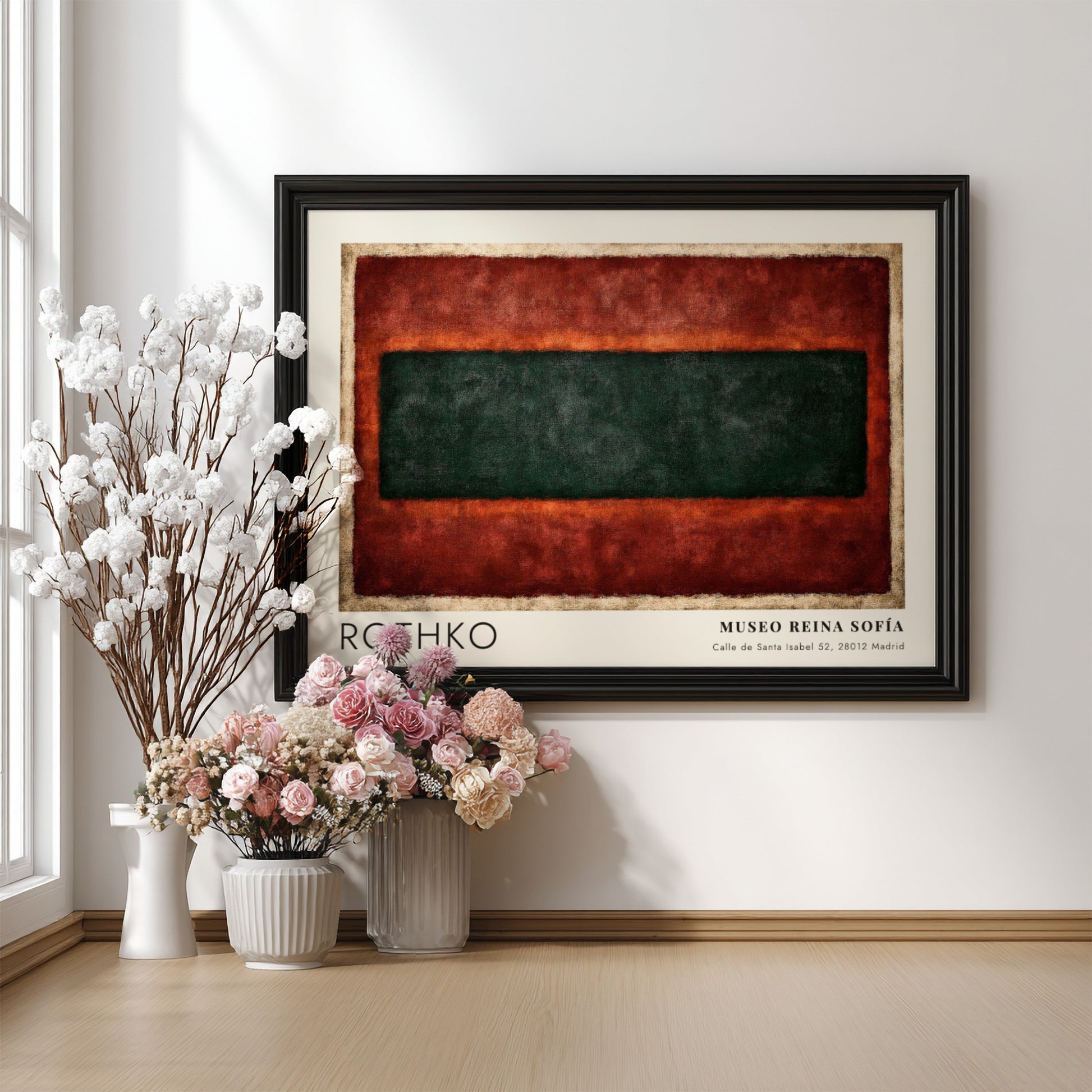 Wall art poster featuring Mark Rothko color field painting with dark green and red.