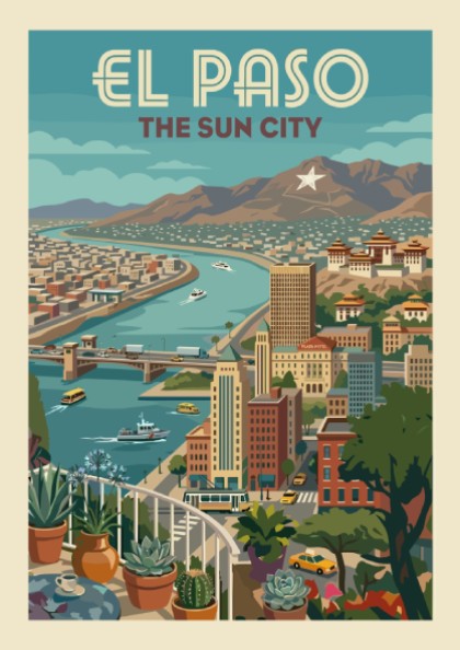 Retro El Paso skyline art print featuring a cityscape with a river, buildings, and mountains in a vintage