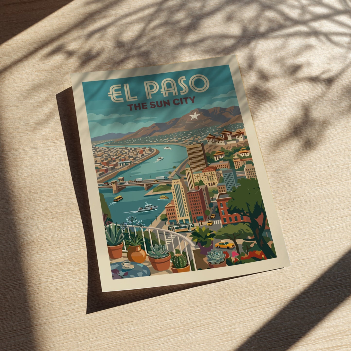 Retro El Paso skyline art print featuring a cityscape with a river, buildings, and mountains in a vintage