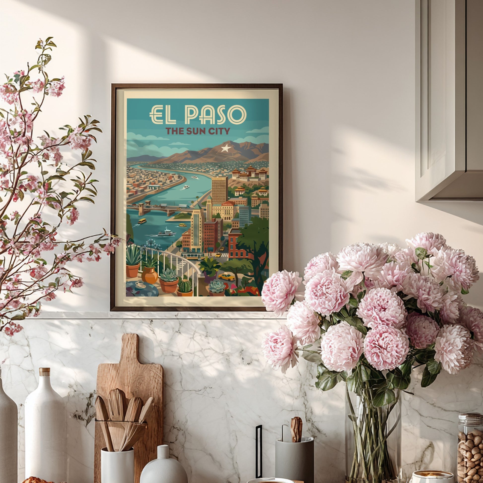 Retro El Paso skyline art print featuring a cityscape with a river, buildings, and mountains in a vintage