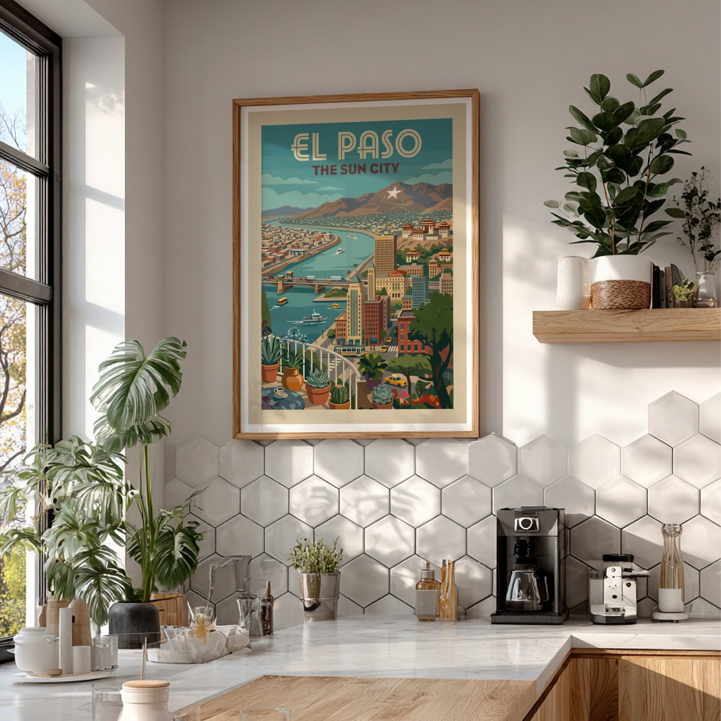Retro El Paso skyline art print featuring a cityscape with a river, buildings, and mountains in a vintage