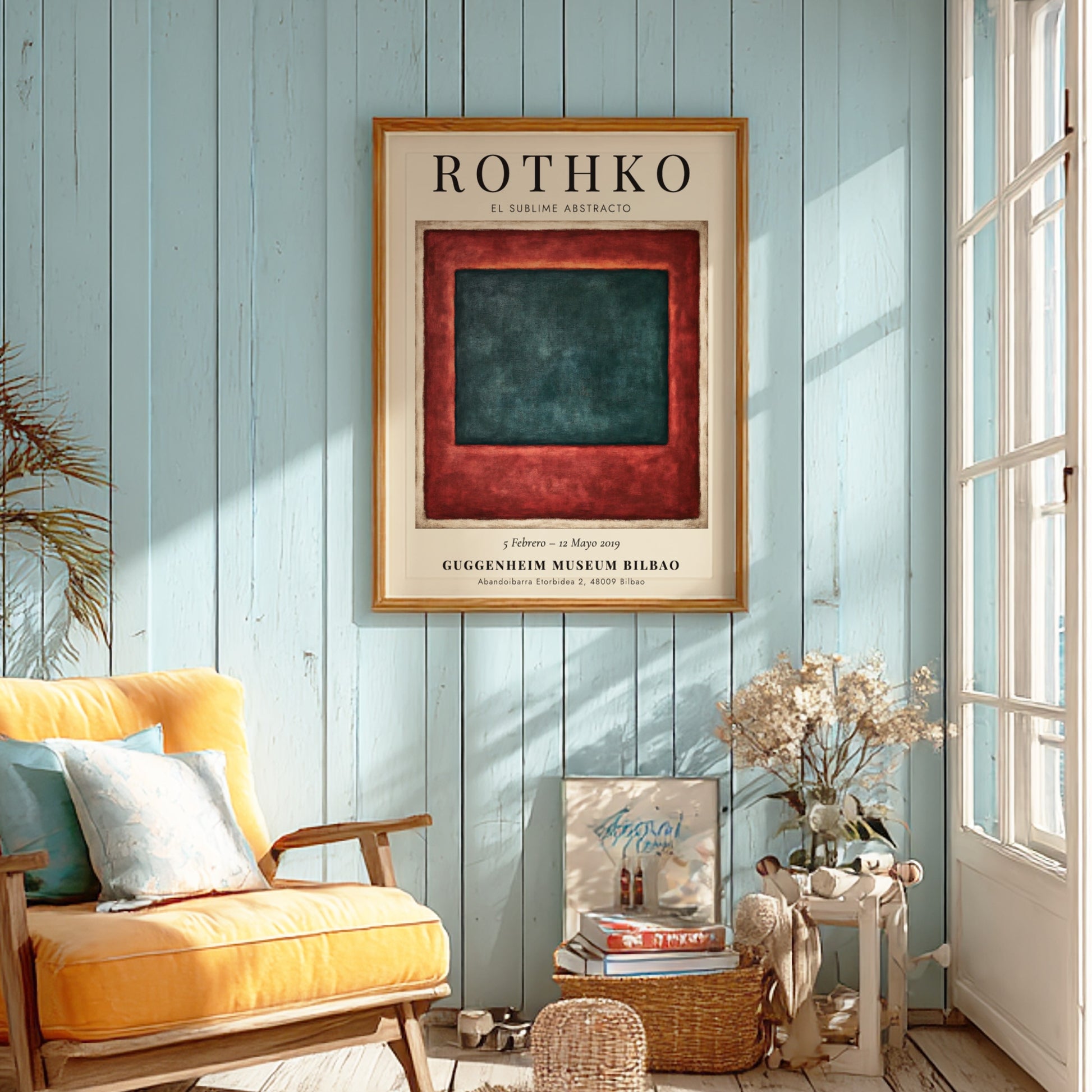 Wall art poster of Mark Rothko exhibition featuring deep teal and red blocks.