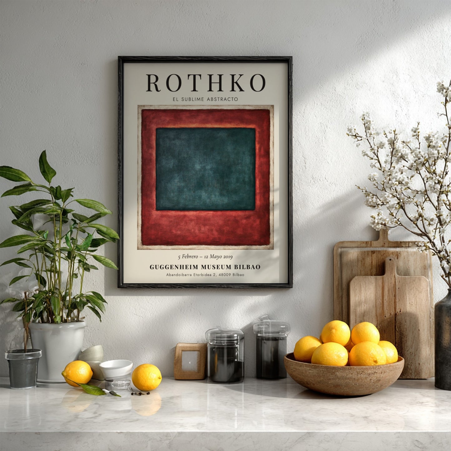 Wall art poster of Mark Rothko exhibition featuring deep teal and red blocks.