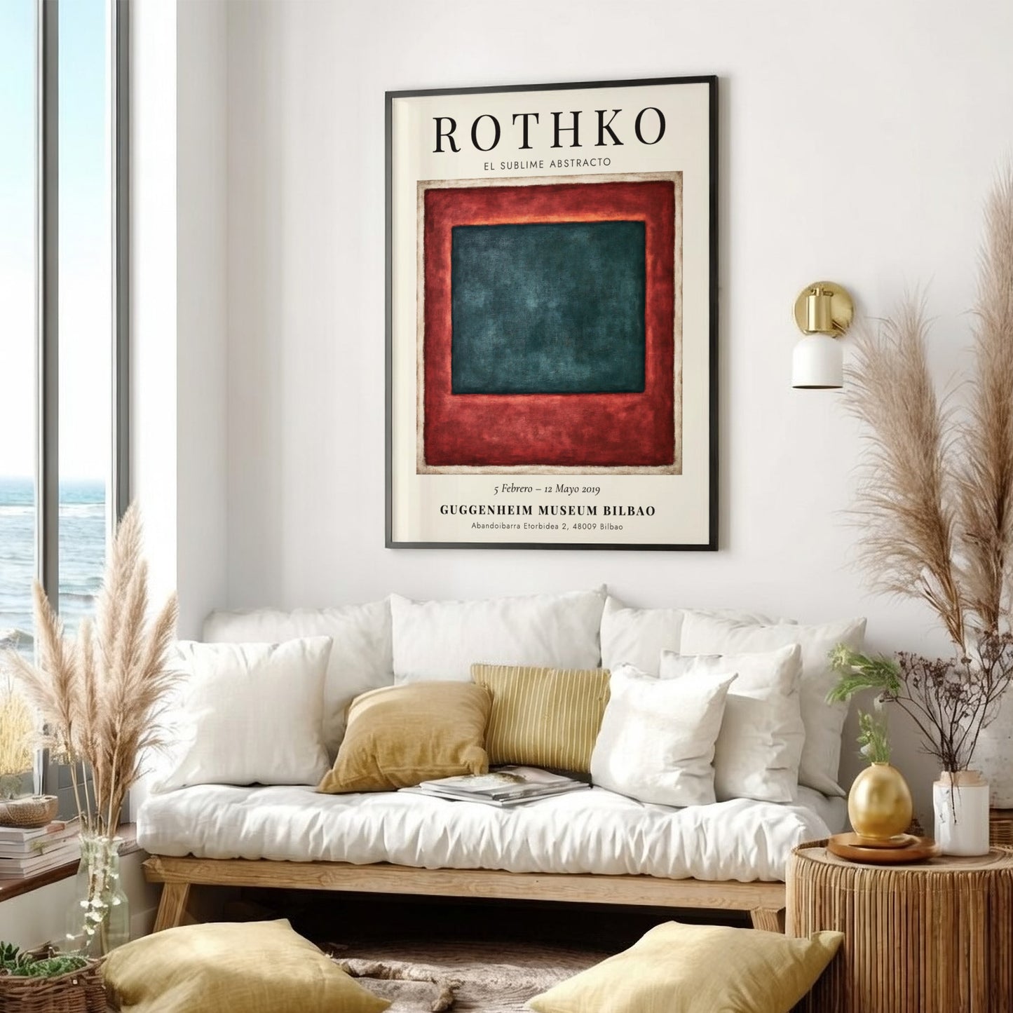 Wall art poster of Mark Rothko exhibition featuring deep teal and red blocks.