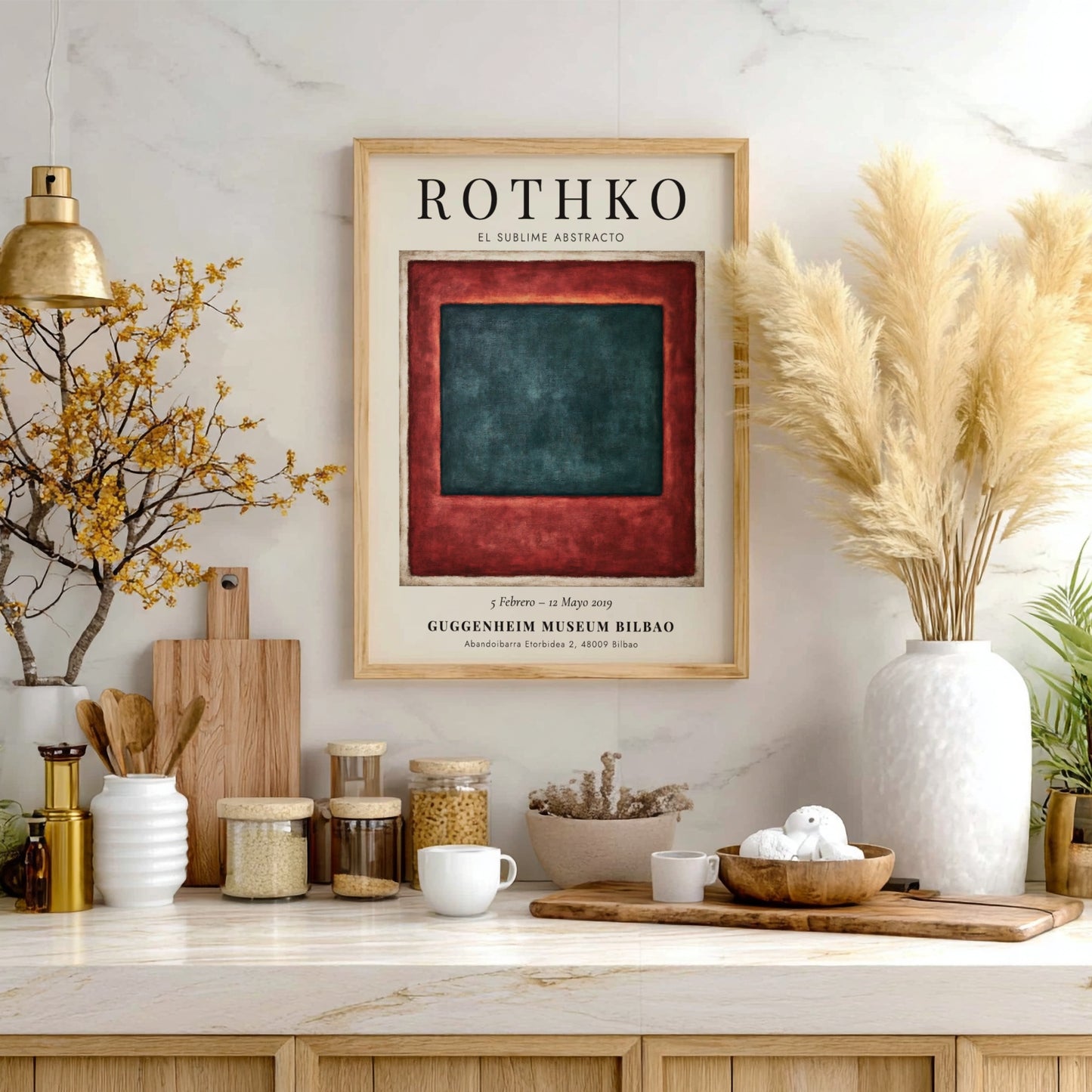 Wall art poster of Mark Rothko exhibition featuring deep teal and red blocks.