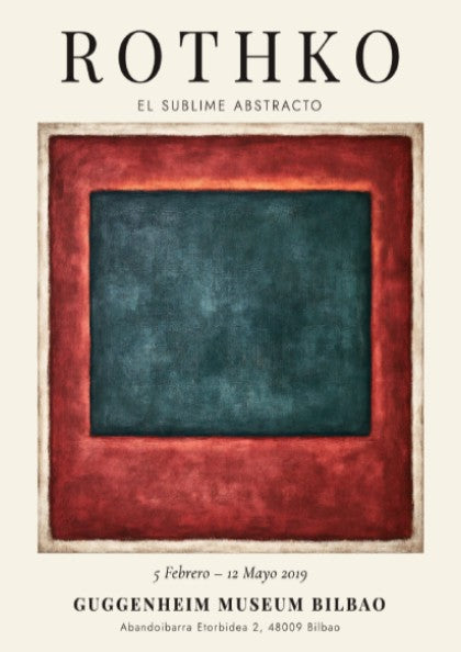 Wall art poster of Mark Rothko exhibition featuring deep teal and red blocks.