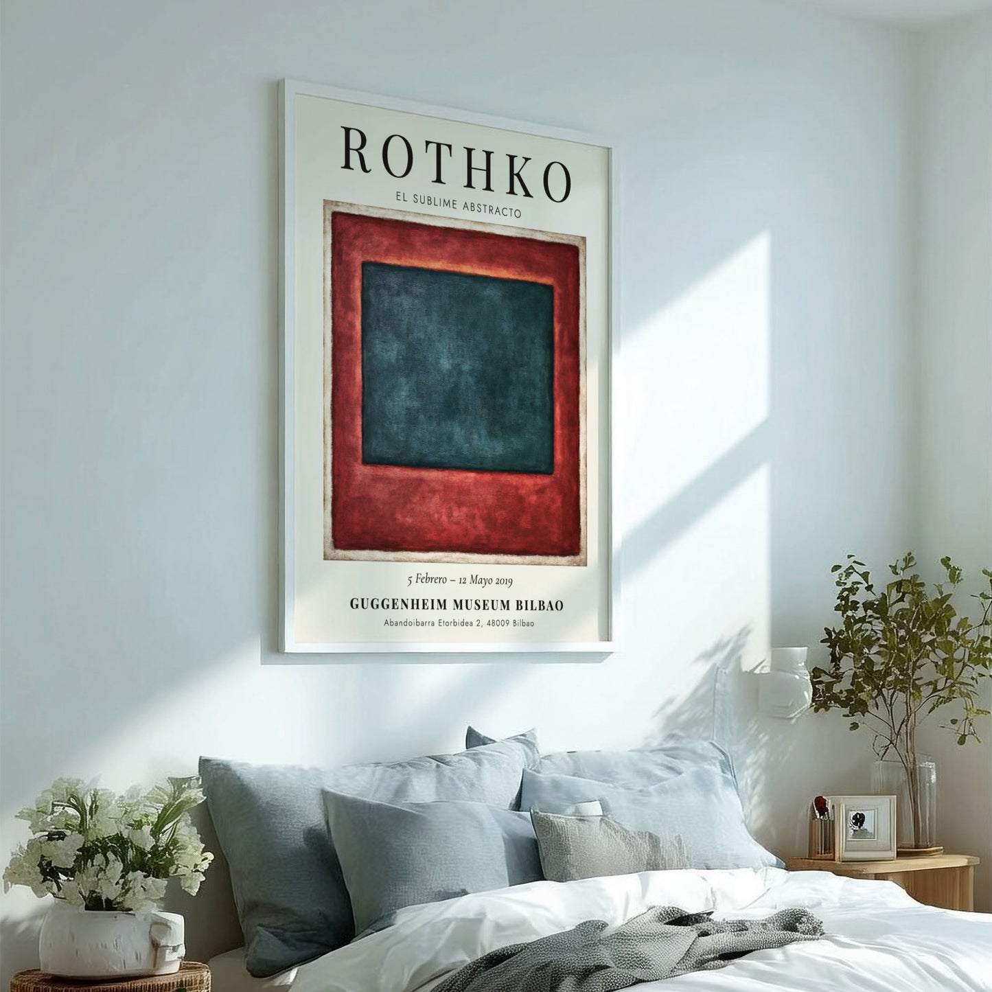 Wall art poster of Mark Rothko exhibition featuring deep teal and red blocks.
