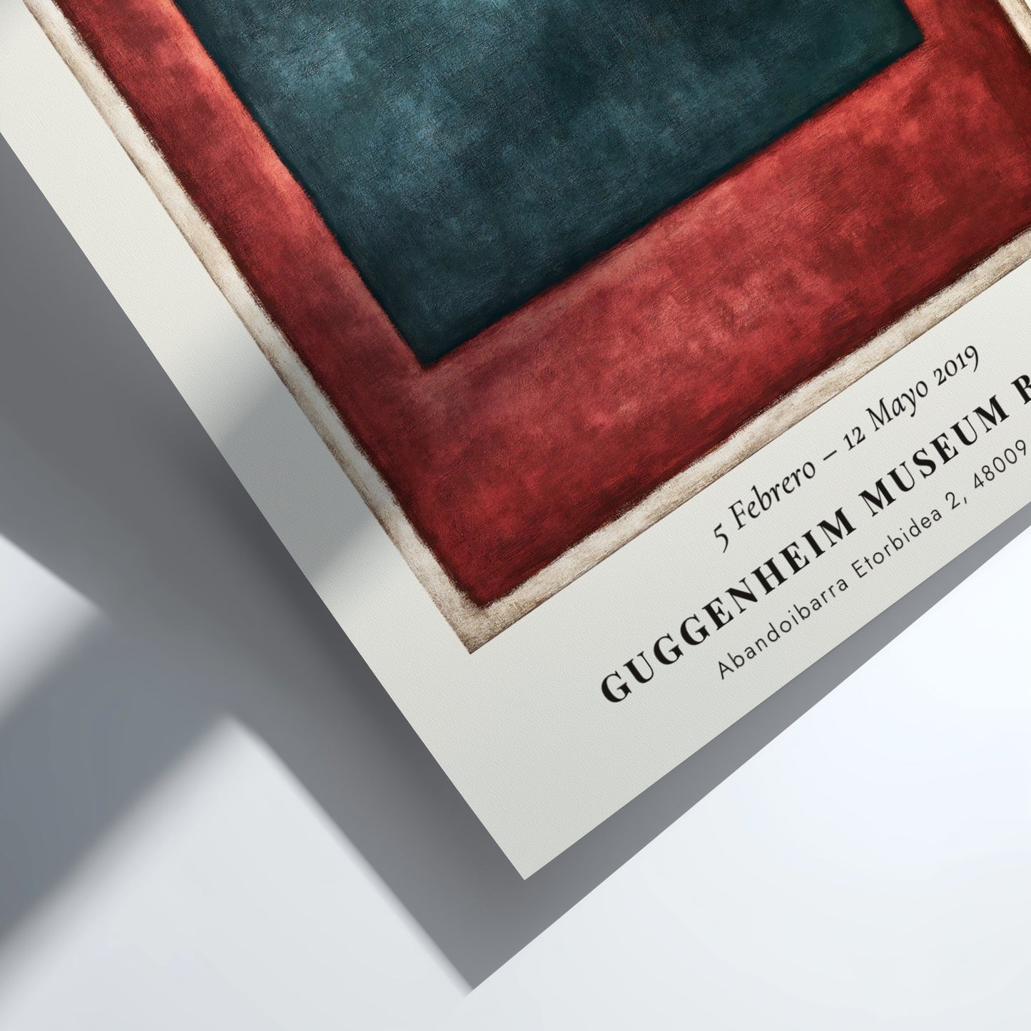 Wall art poster of Mark Rothko exhibition featuring deep teal and red blocks.