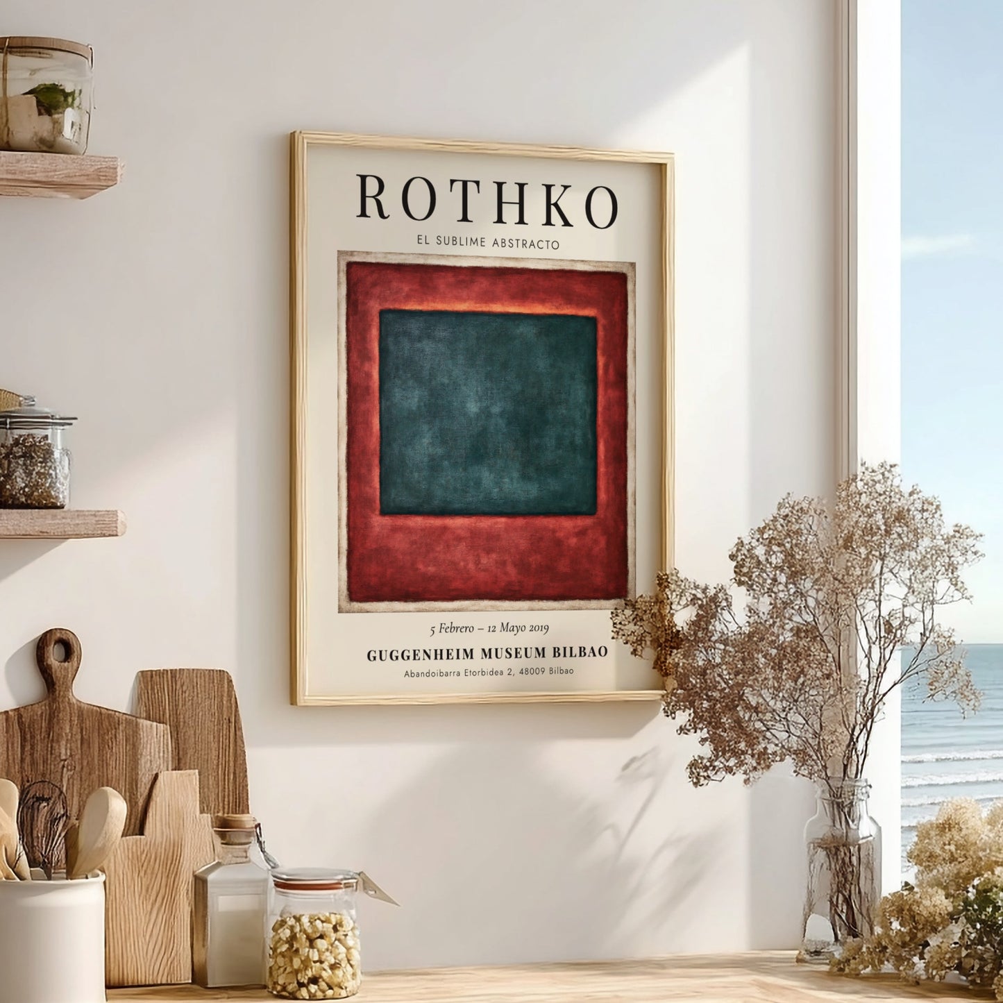 Wall art poster of Mark Rothko exhibition featuring deep teal and red blocks.