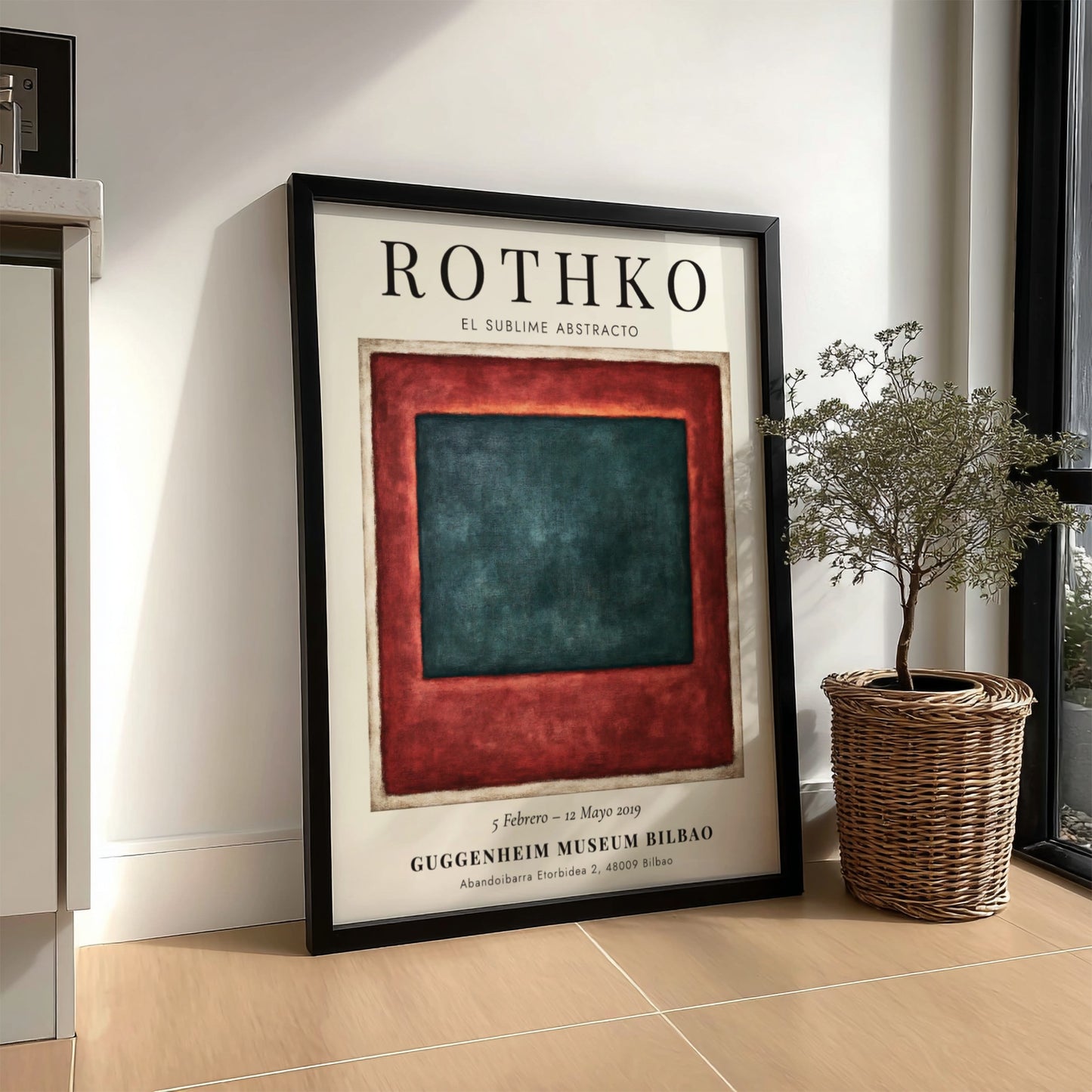 Wall art poster of Mark Rothko exhibition featuring deep teal and red blocks.
