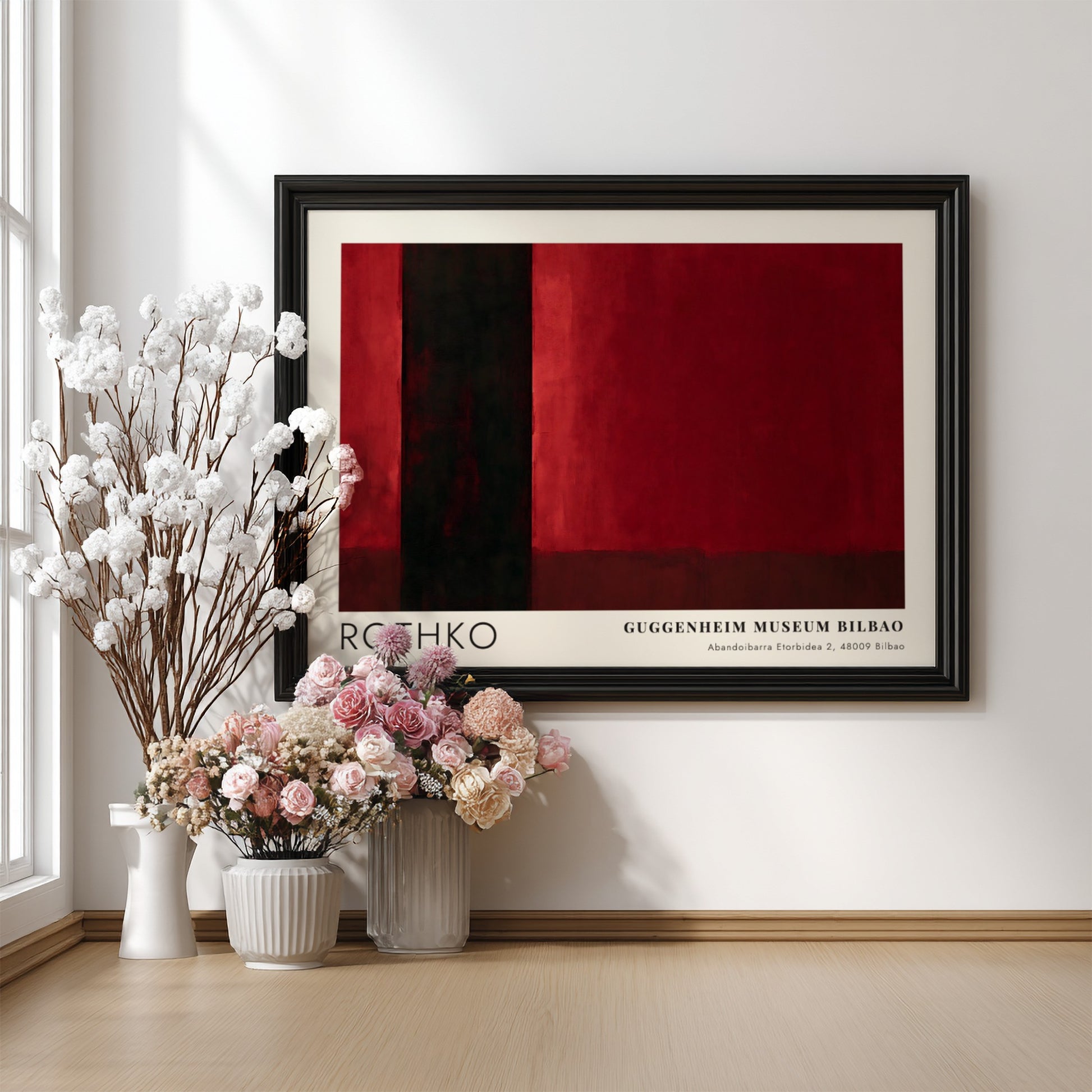Wall art poster featuring Mark Rothko inspired abstract red and black rectangular shapes.