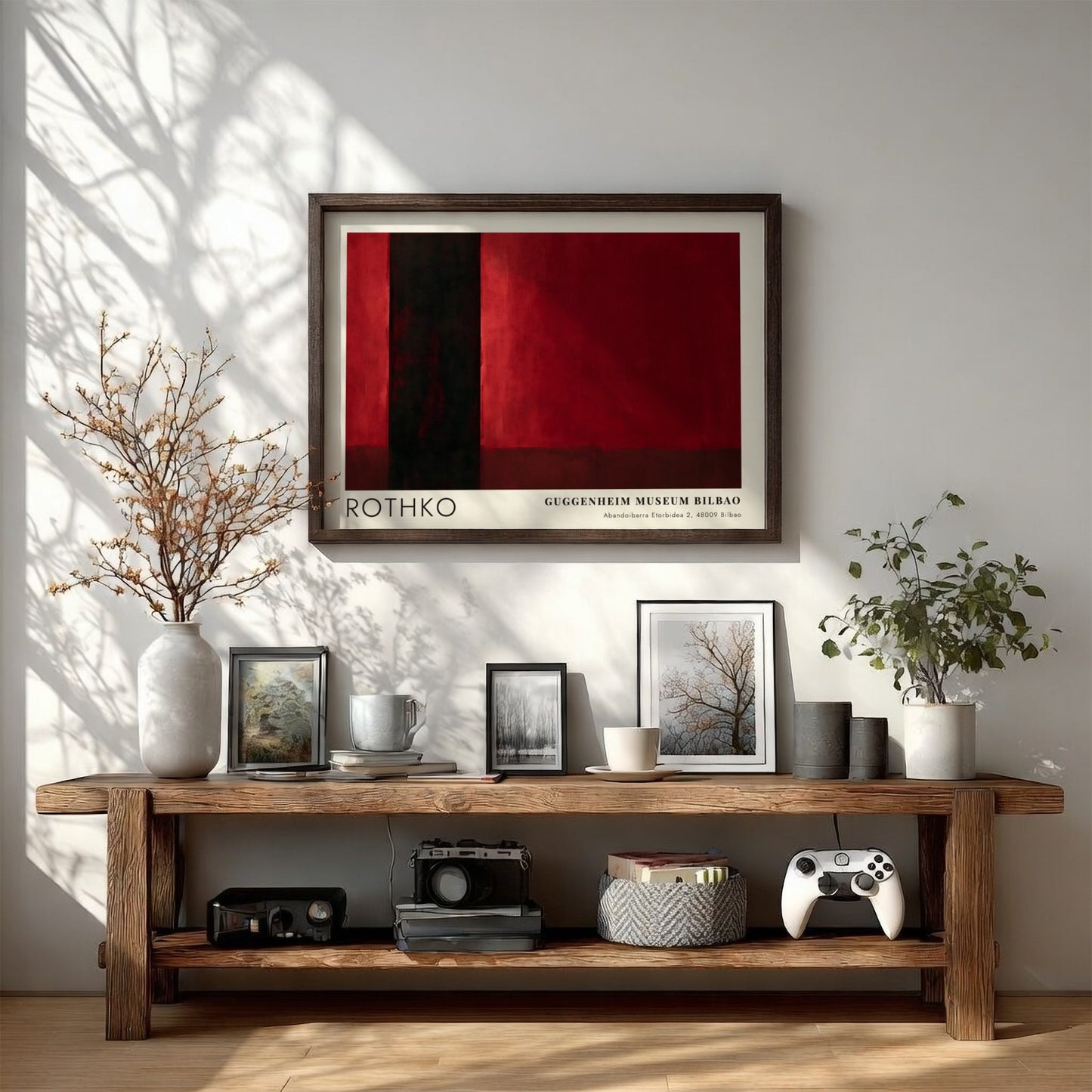 Wall art poster featuring Mark Rothko inspired abstract red and black rectangular shapes.