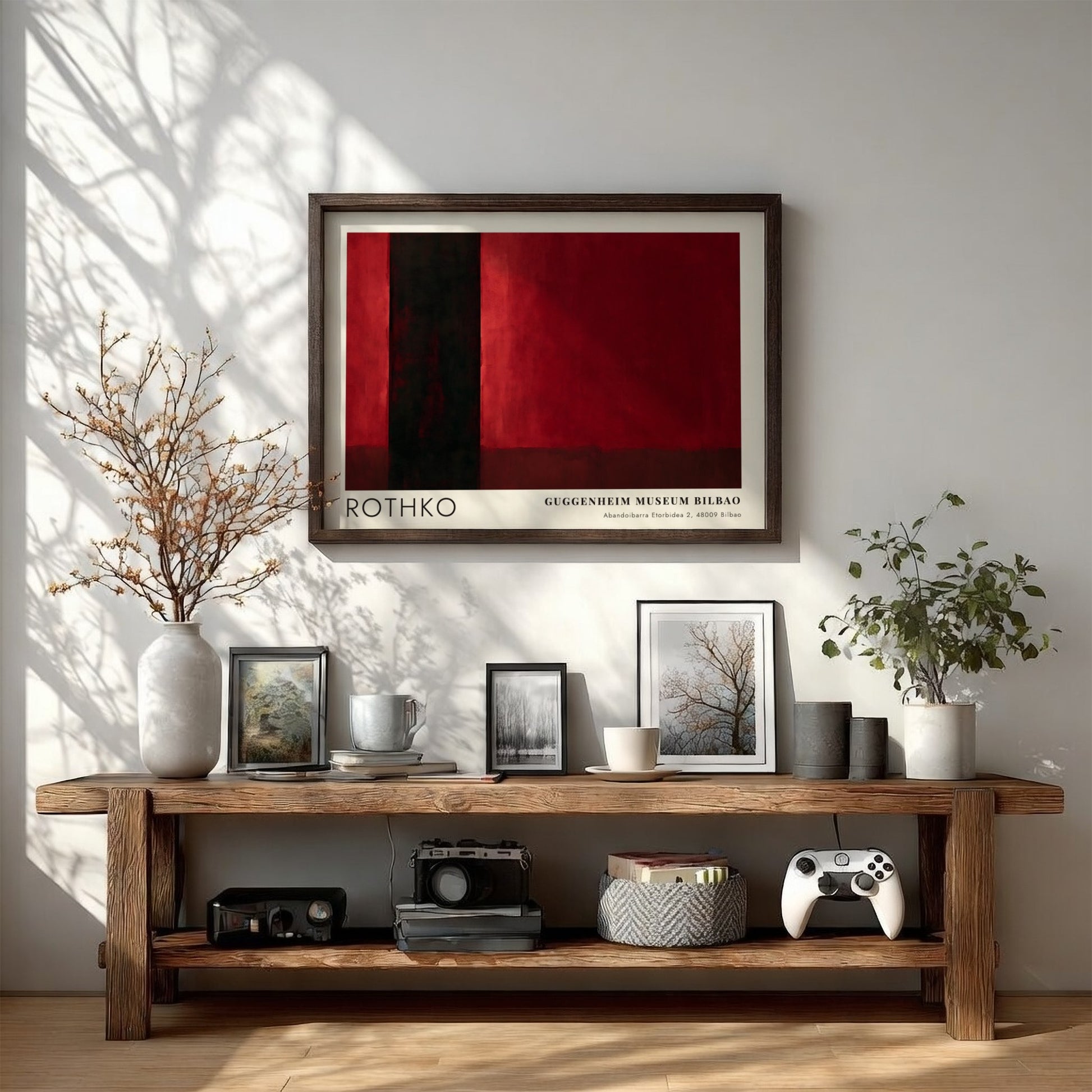 Wall art poster featuring Mark Rothko inspired abstract red and black rectangular shapes.