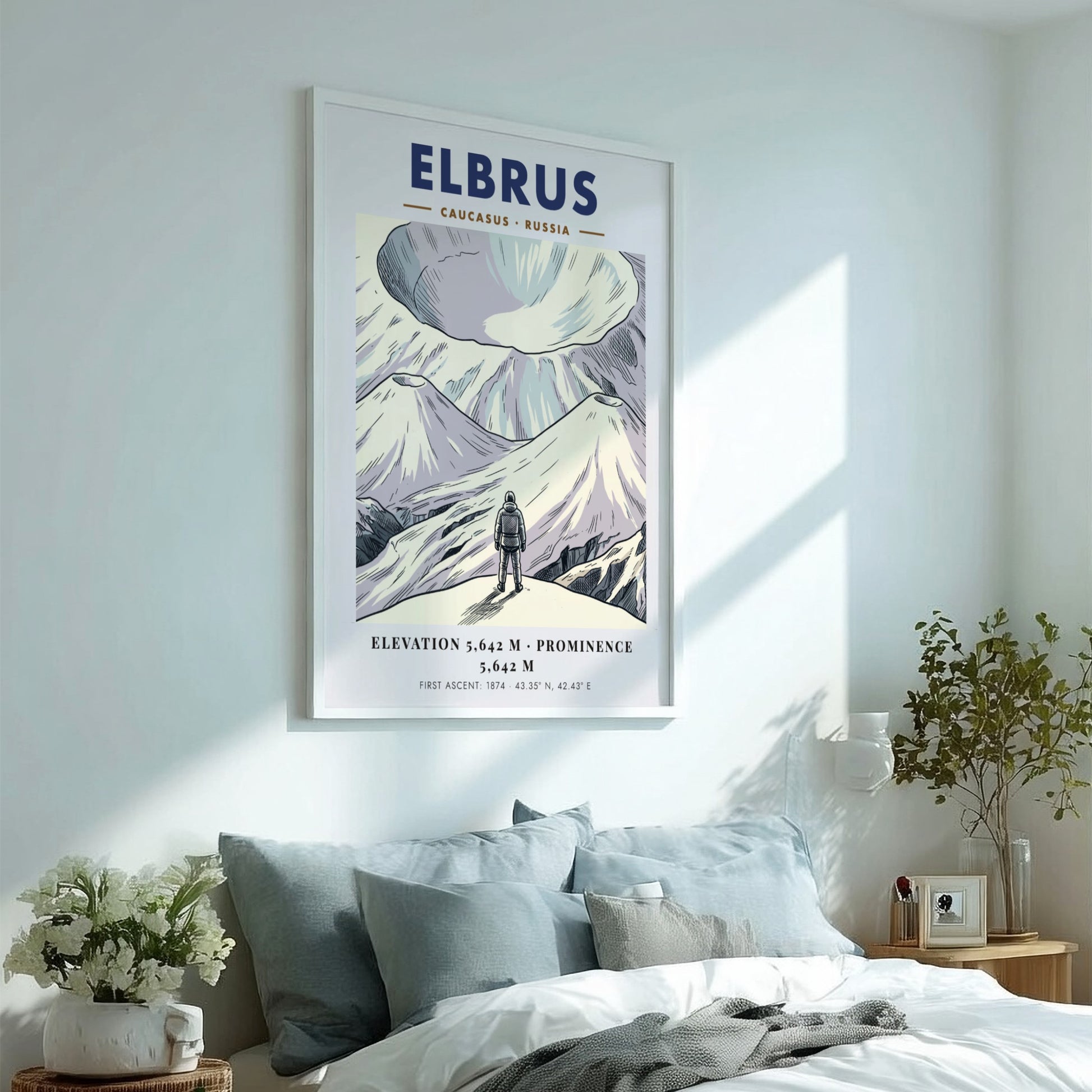 Mountain poster featuring Mount Elbrus in the Caucasus with a climber and text.