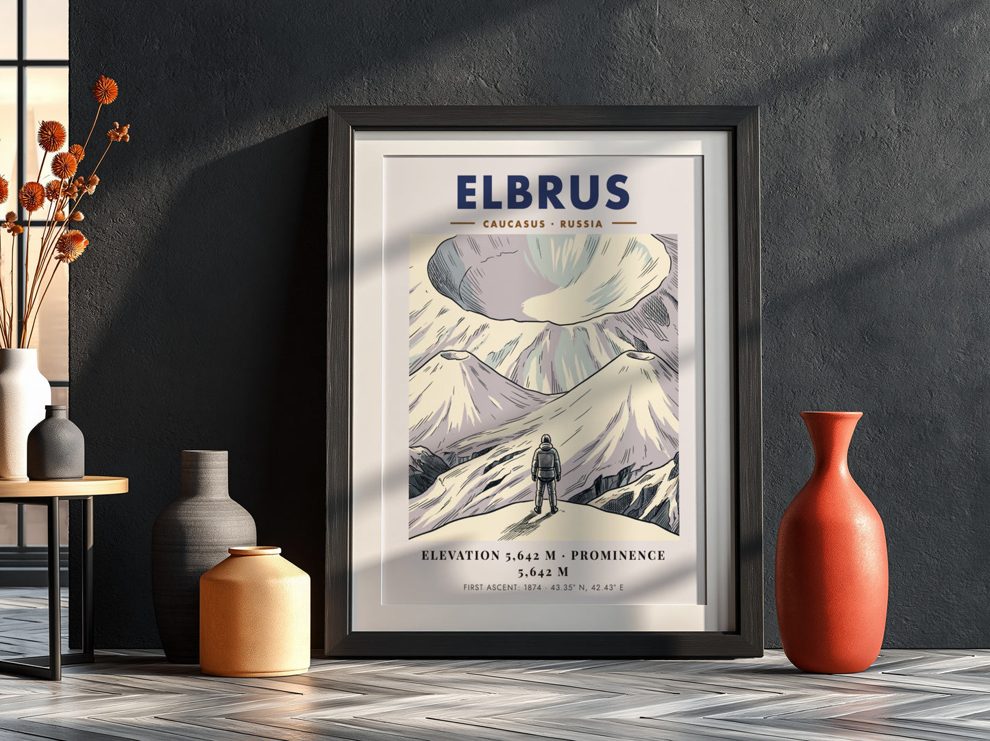 Mountain poster featuring Mount Elbrus in the Caucasus with a climber and text.