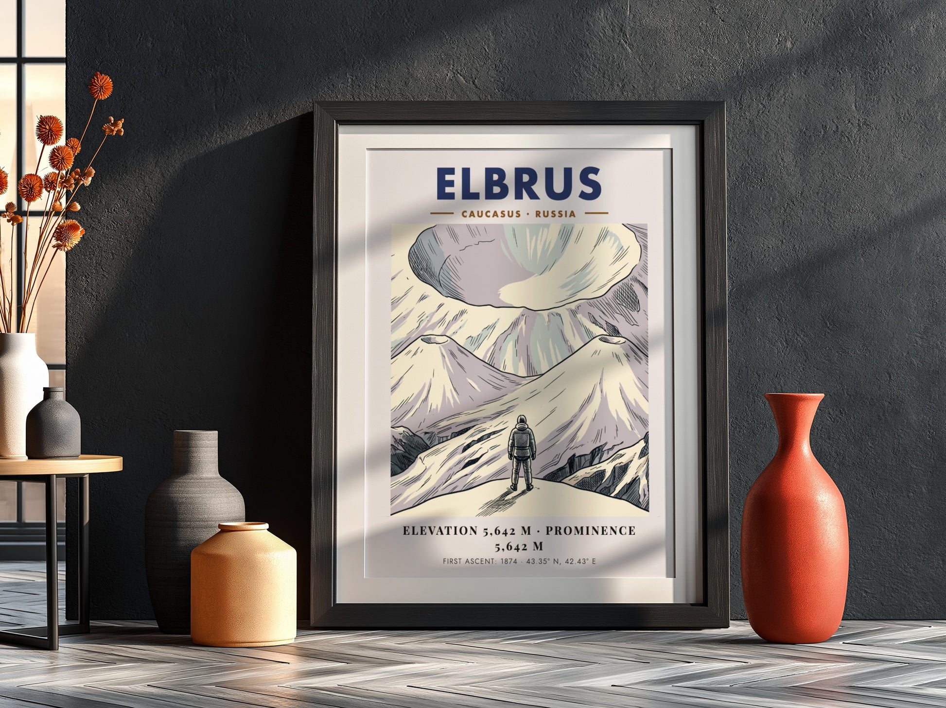 Mountain poster featuring Mount Elbrus in the Caucasus with a climber and text.