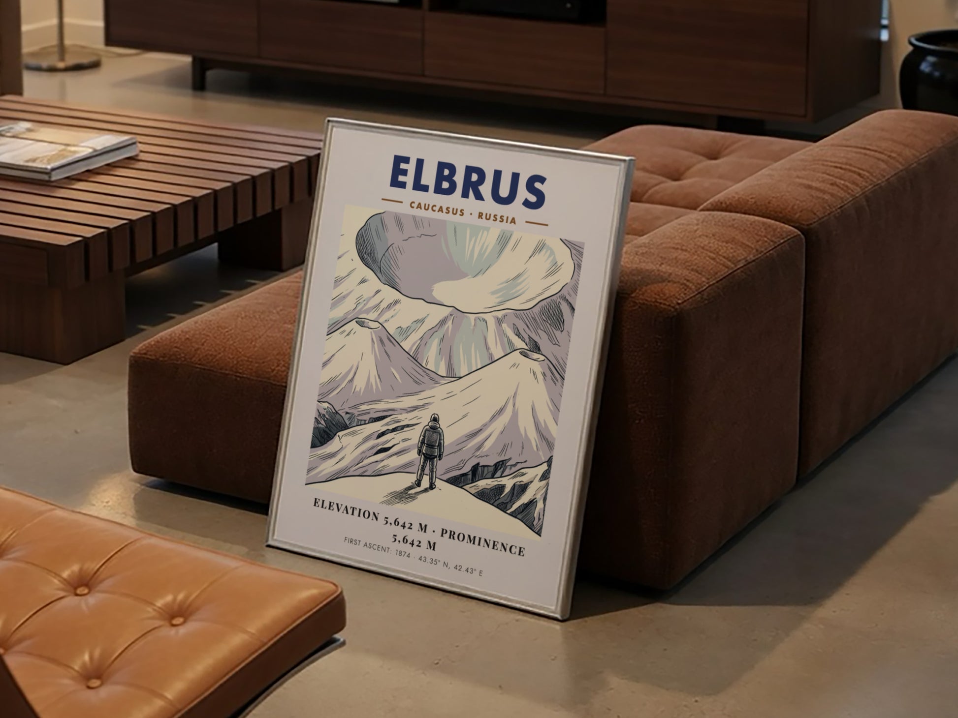Mountain poster featuring Mount Elbrus in the Caucasus with a climber and text.