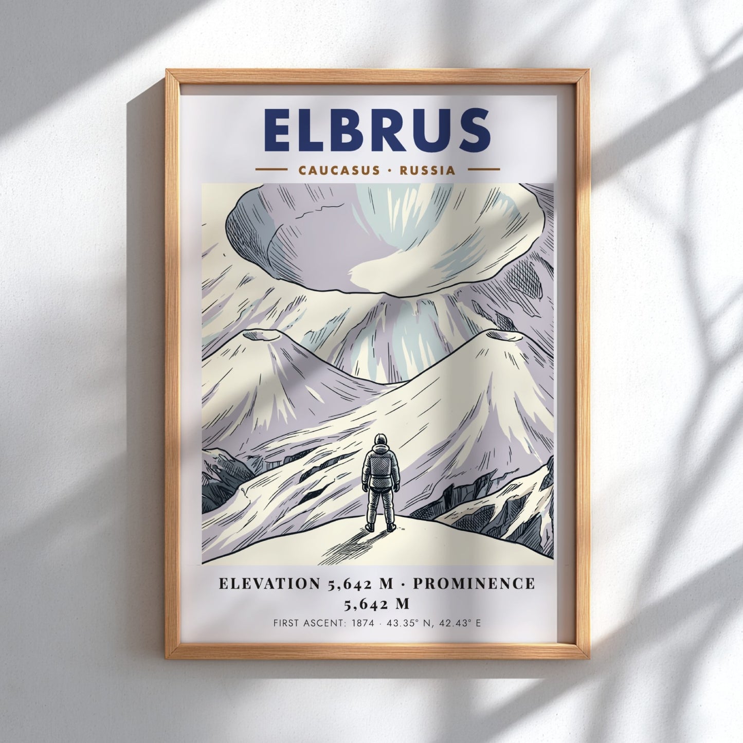 Mountain poster featuring Mount Elbrus in the Caucasus with a climber and text.