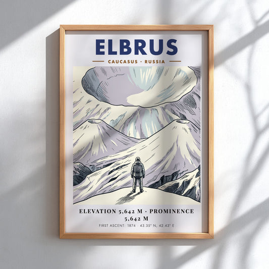 Mountain poster featuring Mount Elbrus in the Caucasus with a climber and text.