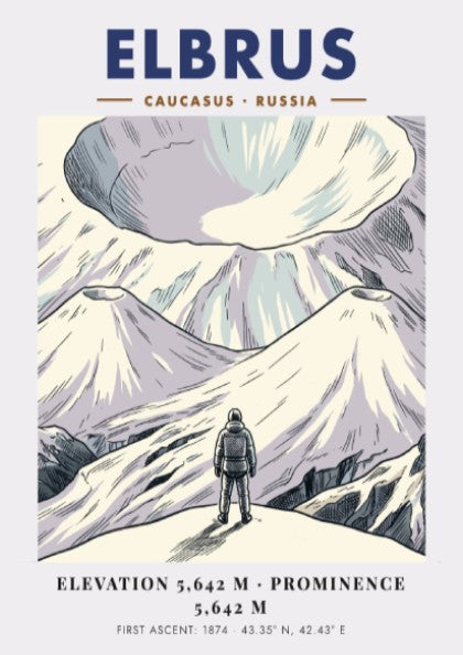 Mountain poster featuring Mount Elbrus in the Caucasus with a climber and text.