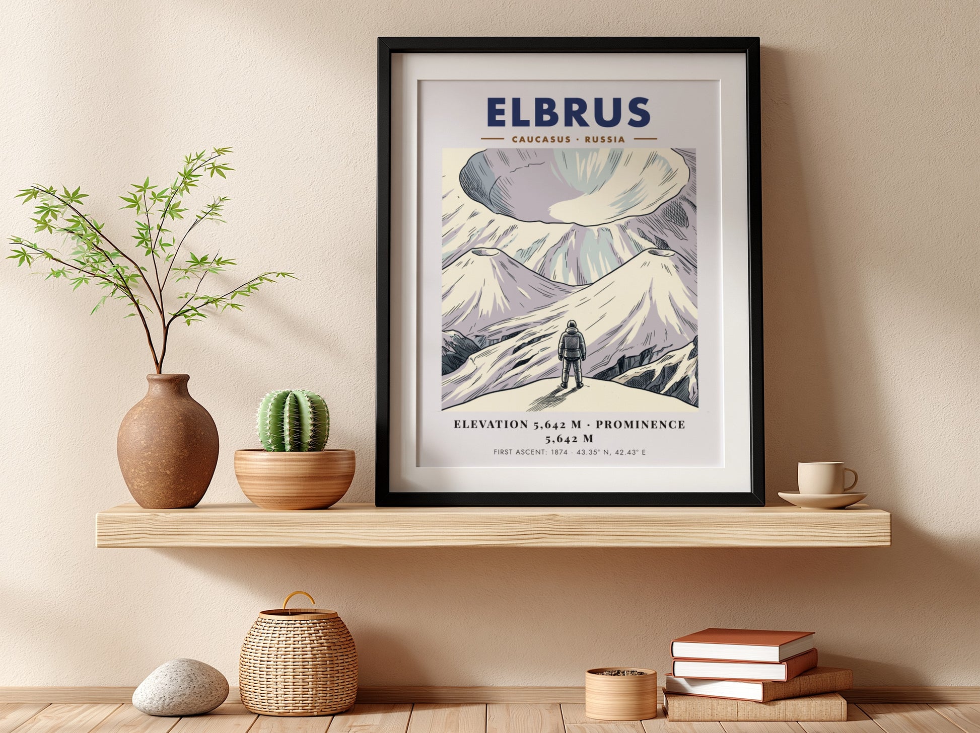 Mountain poster featuring Mount Elbrus in the Caucasus with a climber and text.
