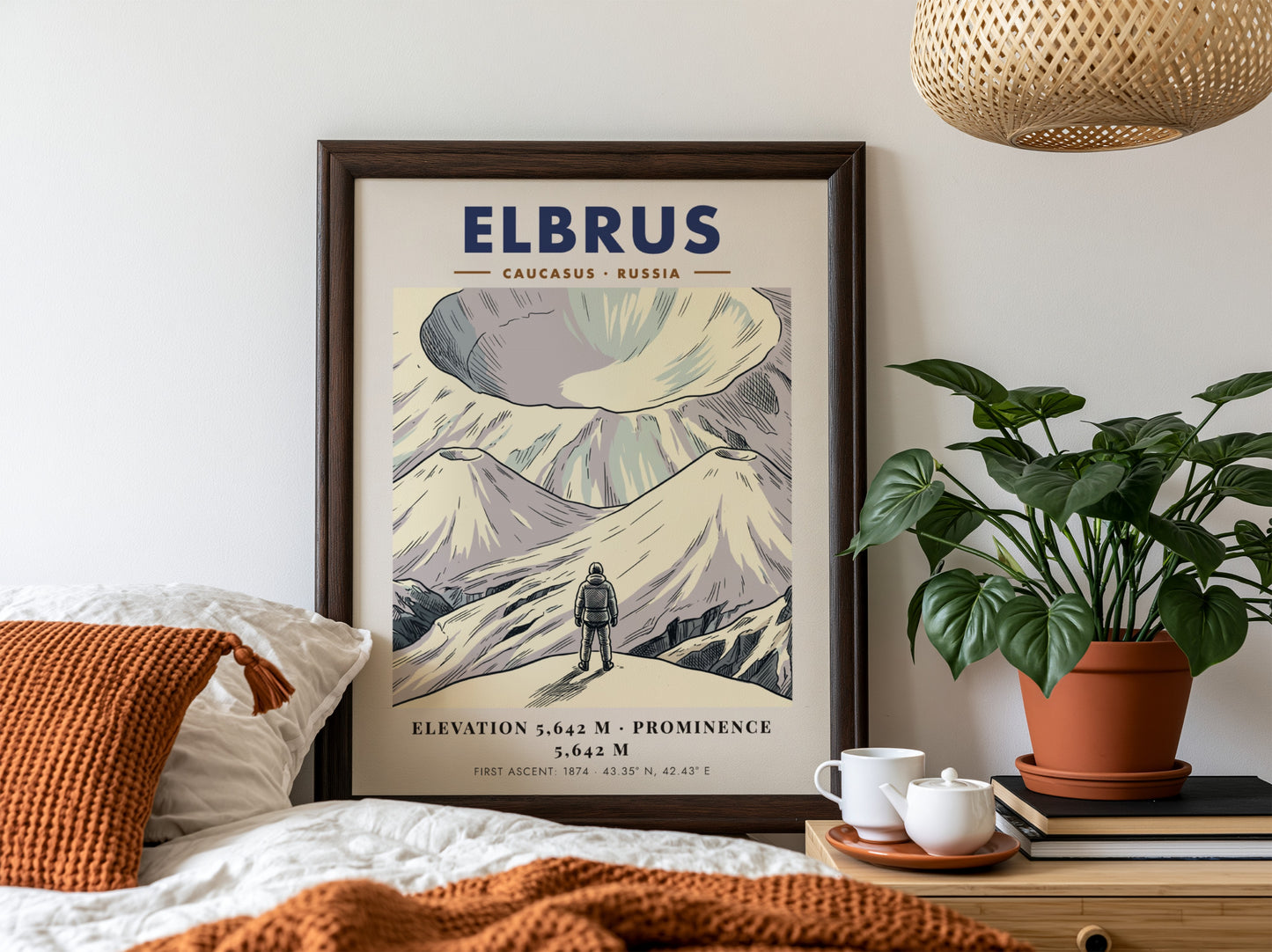 Mountain poster featuring Mount Elbrus in the Caucasus with a climber and text.