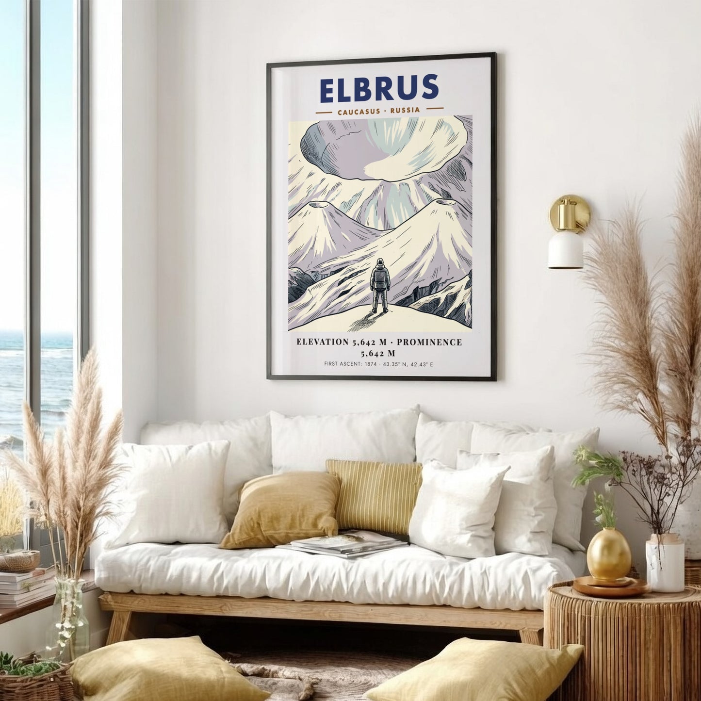 Mountain poster featuring Mount Elbrus in the Caucasus with a climber and text.