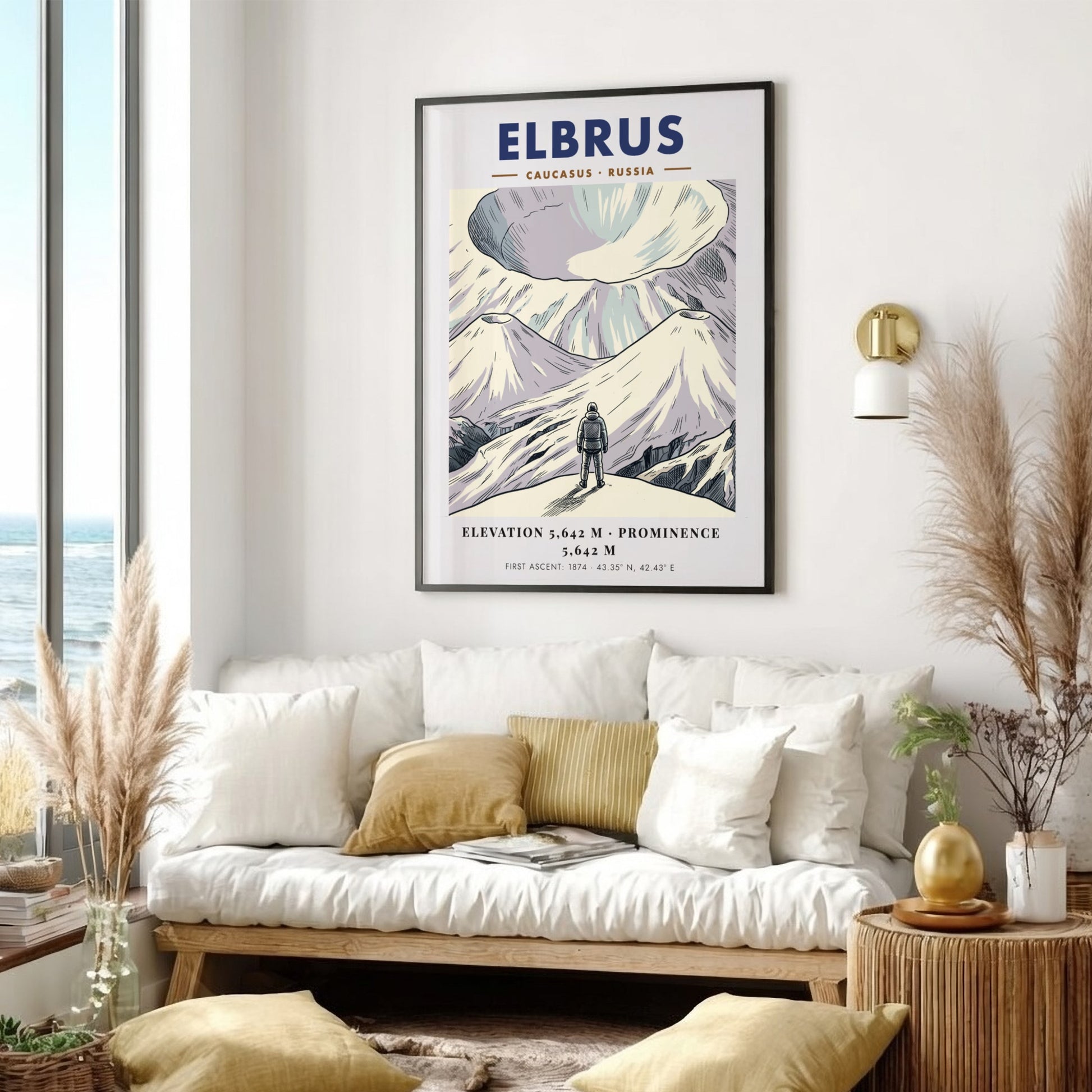 Mountain poster featuring Mount Elbrus in the Caucasus with a climber and text.