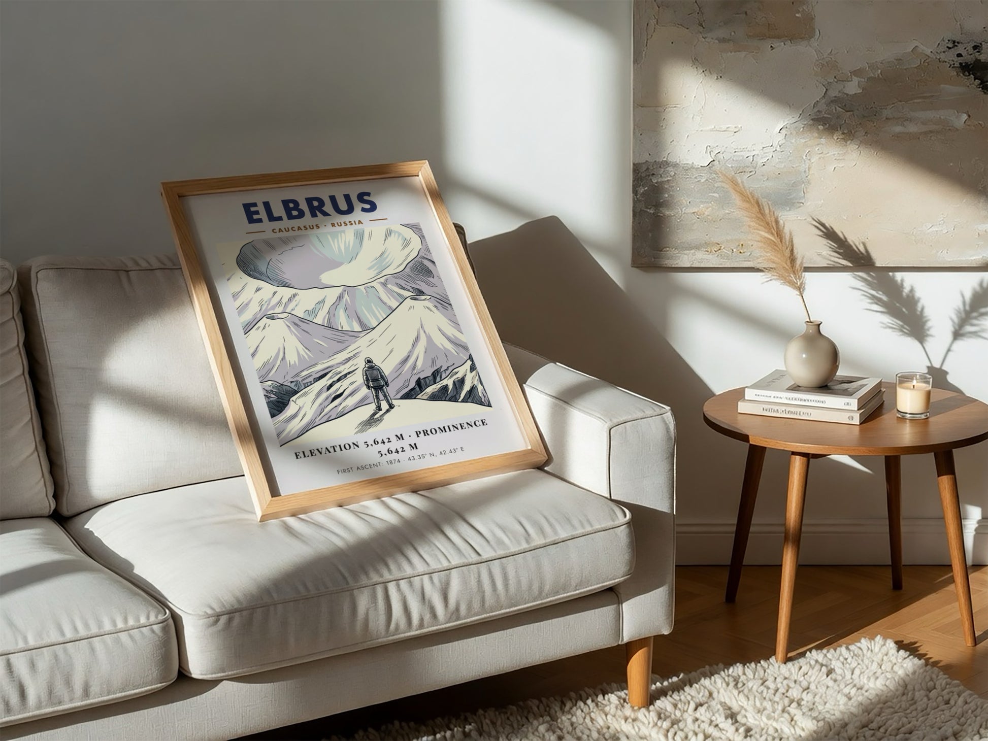 Mountain poster featuring Mount Elbrus in the Caucasus with a climber and text.