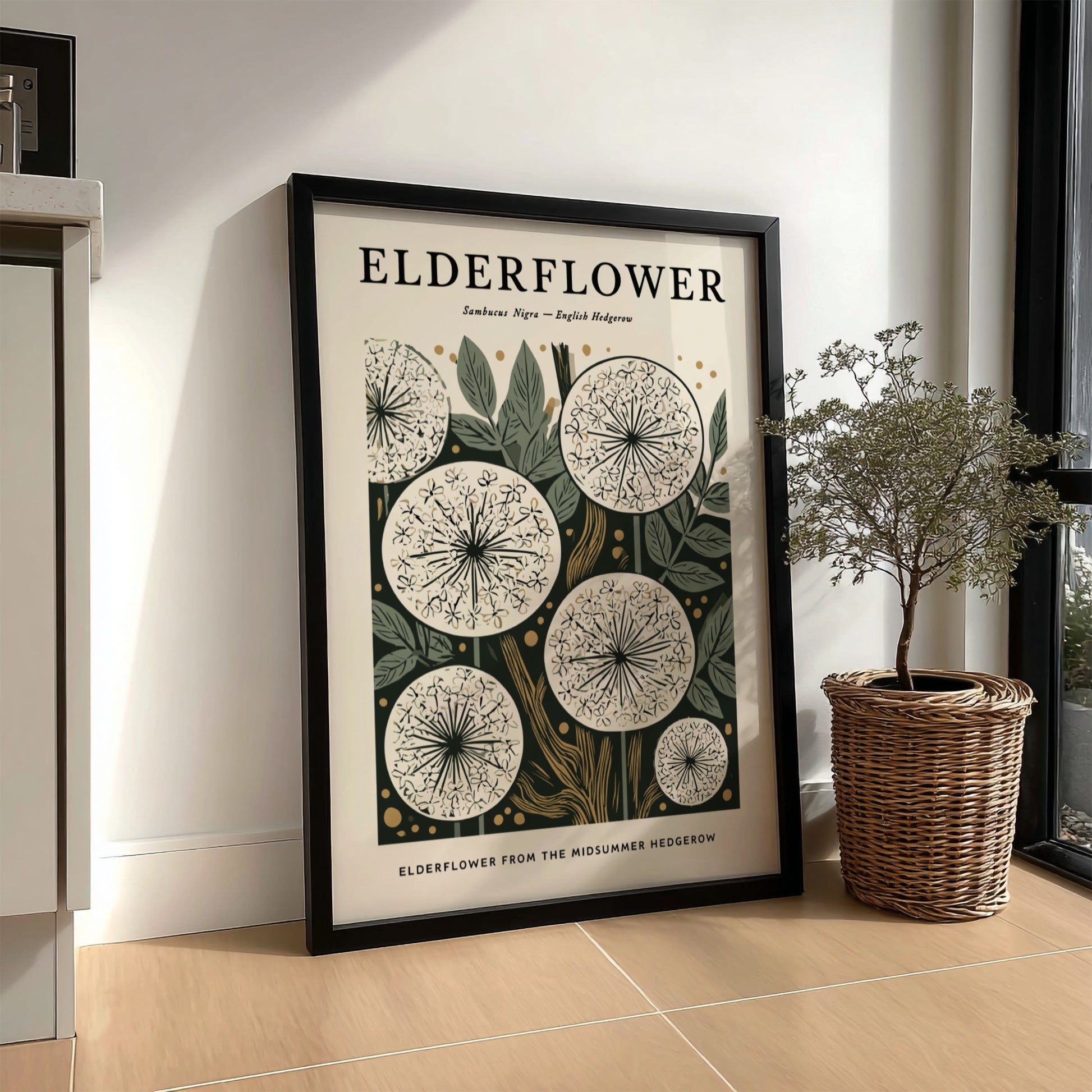 Elderflower kitchen poster featuring delicate blooms and earthy tones, perfect for botanical decor.