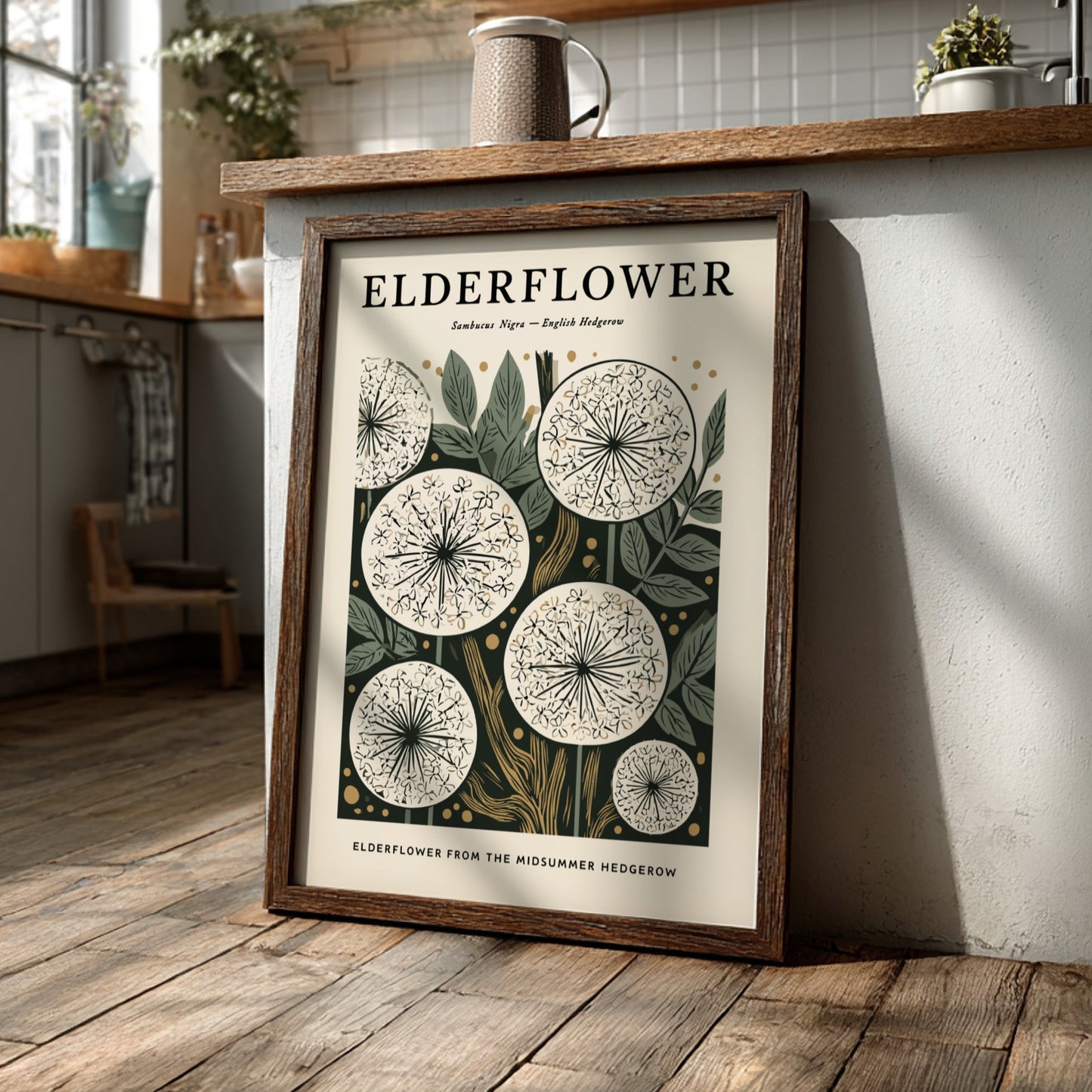 Elderflower kitchen poster featuring delicate blooms and earthy tones, perfect for botanical decor.