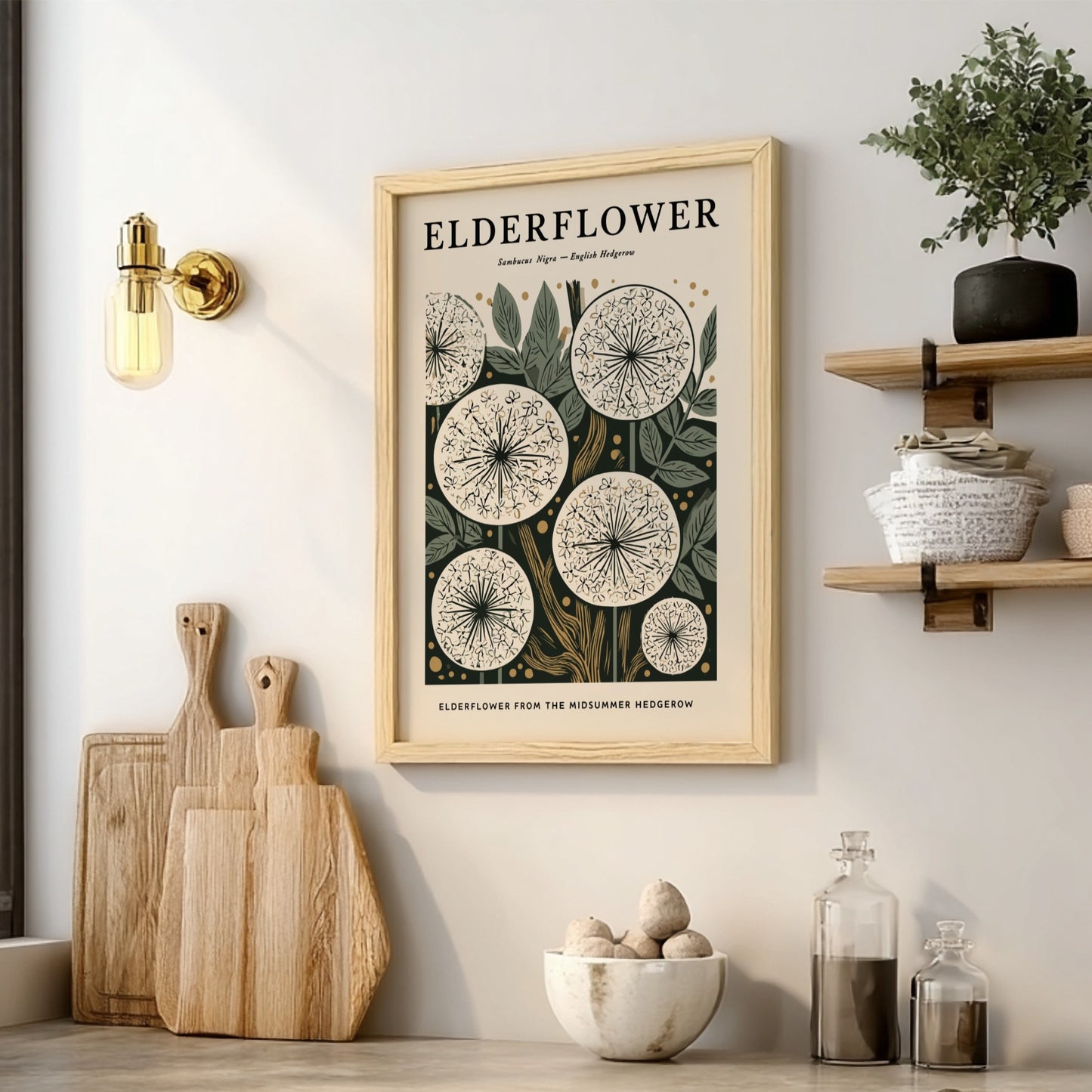 Elderflower kitchen poster featuring delicate blooms and earthy tones, perfect for botanical decor.