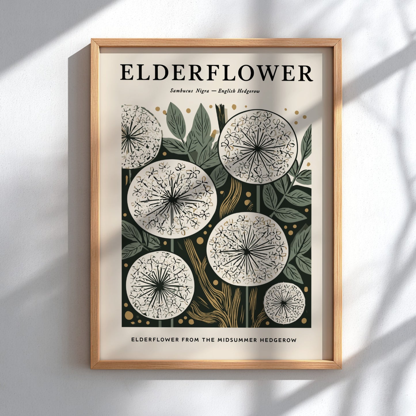 Elderflower kitchen poster featuring delicate blooms and earthy tones, perfect for botanical decor.