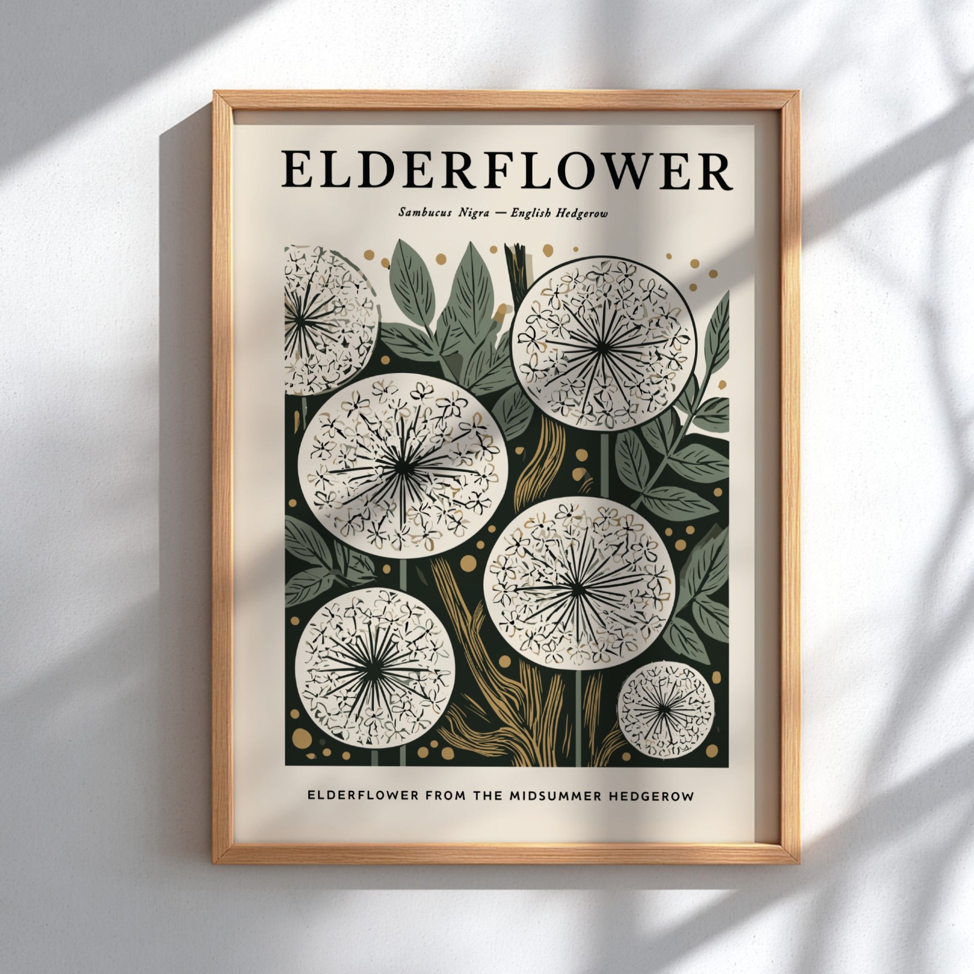 Elderflower kitchen poster featuring delicate blooms and earthy tones, perfect for botanical decor.