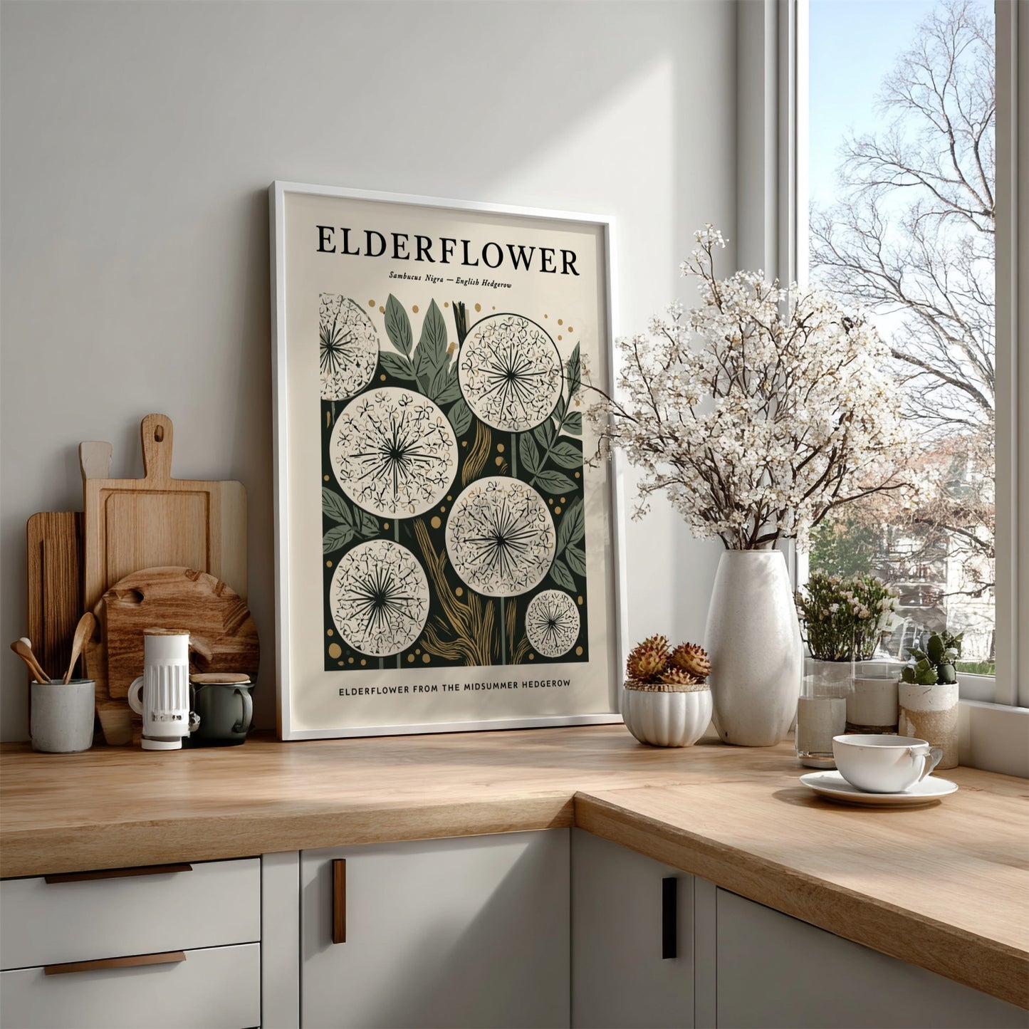 Elderflower kitchen poster featuring delicate blooms and earthy tones, perfect for botanical decor.