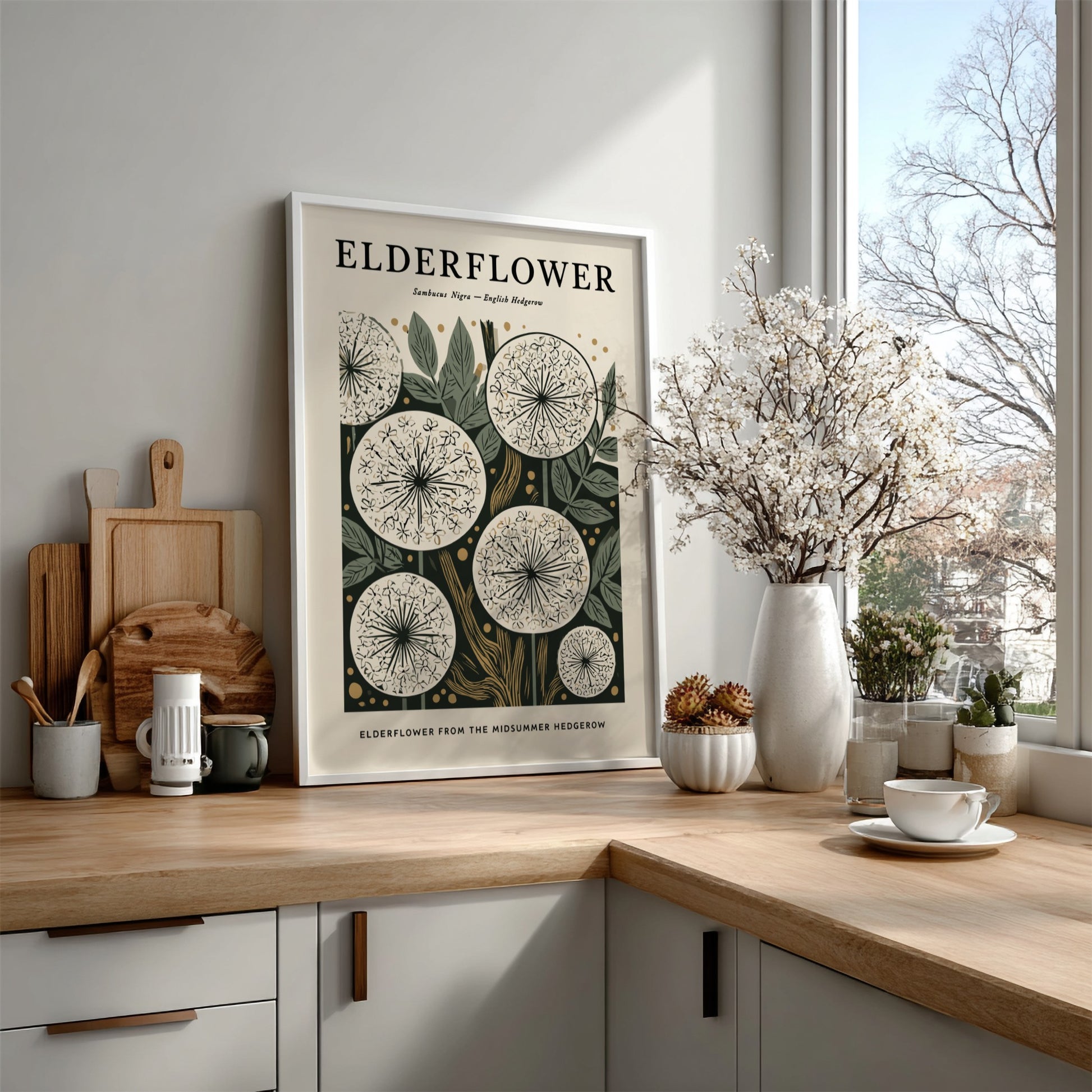 Elderflower kitchen poster featuring delicate blooms and earthy tones, perfect for botanical decor.