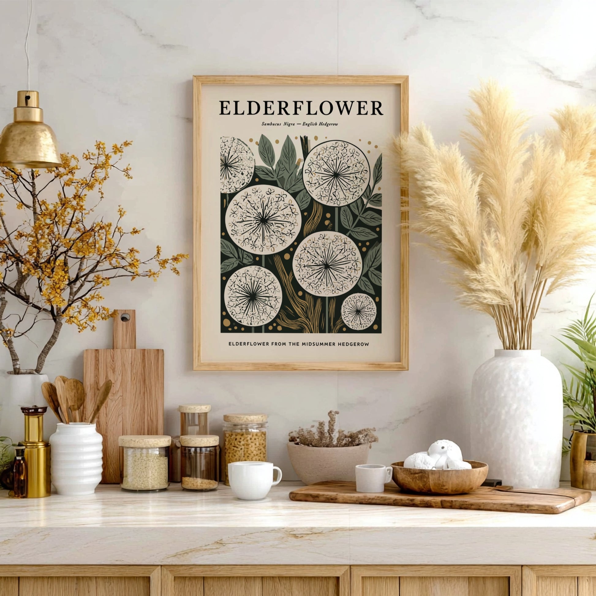 Elderflower kitchen poster featuring delicate blooms and earthy tones, perfect for botanical decor.