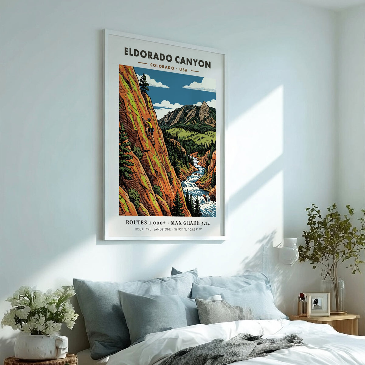 Poster featuring a climber on orange sandstone cliffs above a river in Colorado
