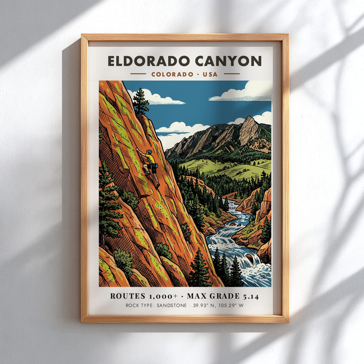 Poster featuring a climber on orange sandstone cliffs above a river in Colorado