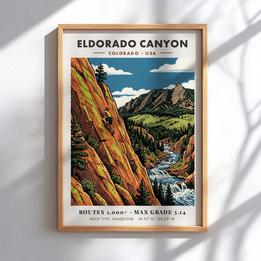 Poster featuring a climber on orange sandstone cliffs above a river in Colorado