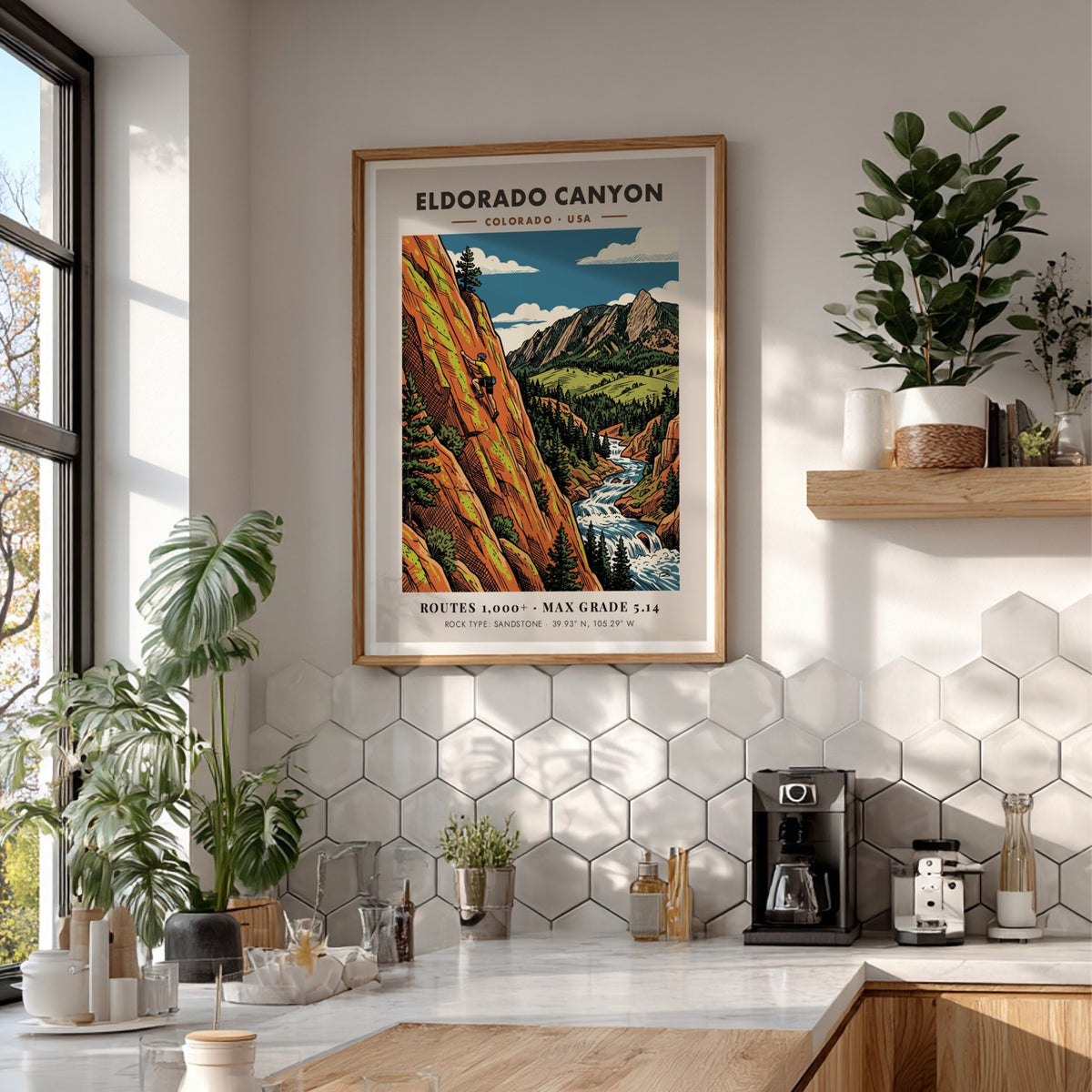 Poster featuring a climber on orange sandstone cliffs above a river in Colorado