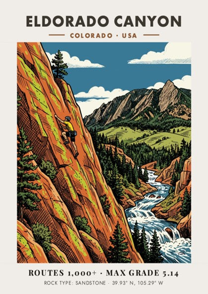 Poster featuring a climber on orange sandstone cliffs above a river in Colorado