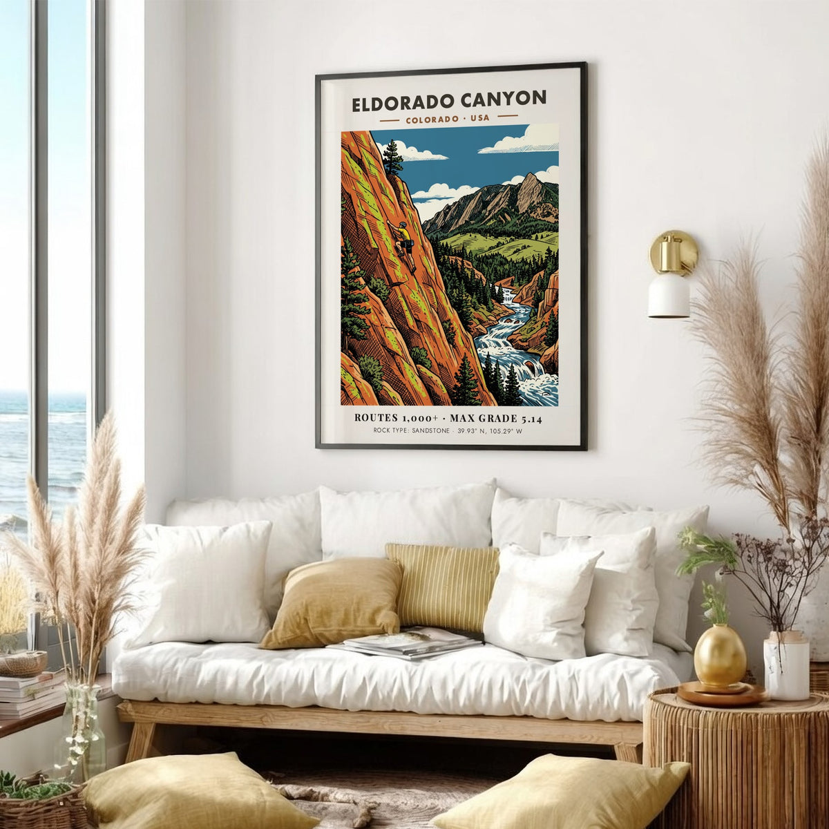 Poster featuring a climber on orange sandstone cliffs above a river in Colorado