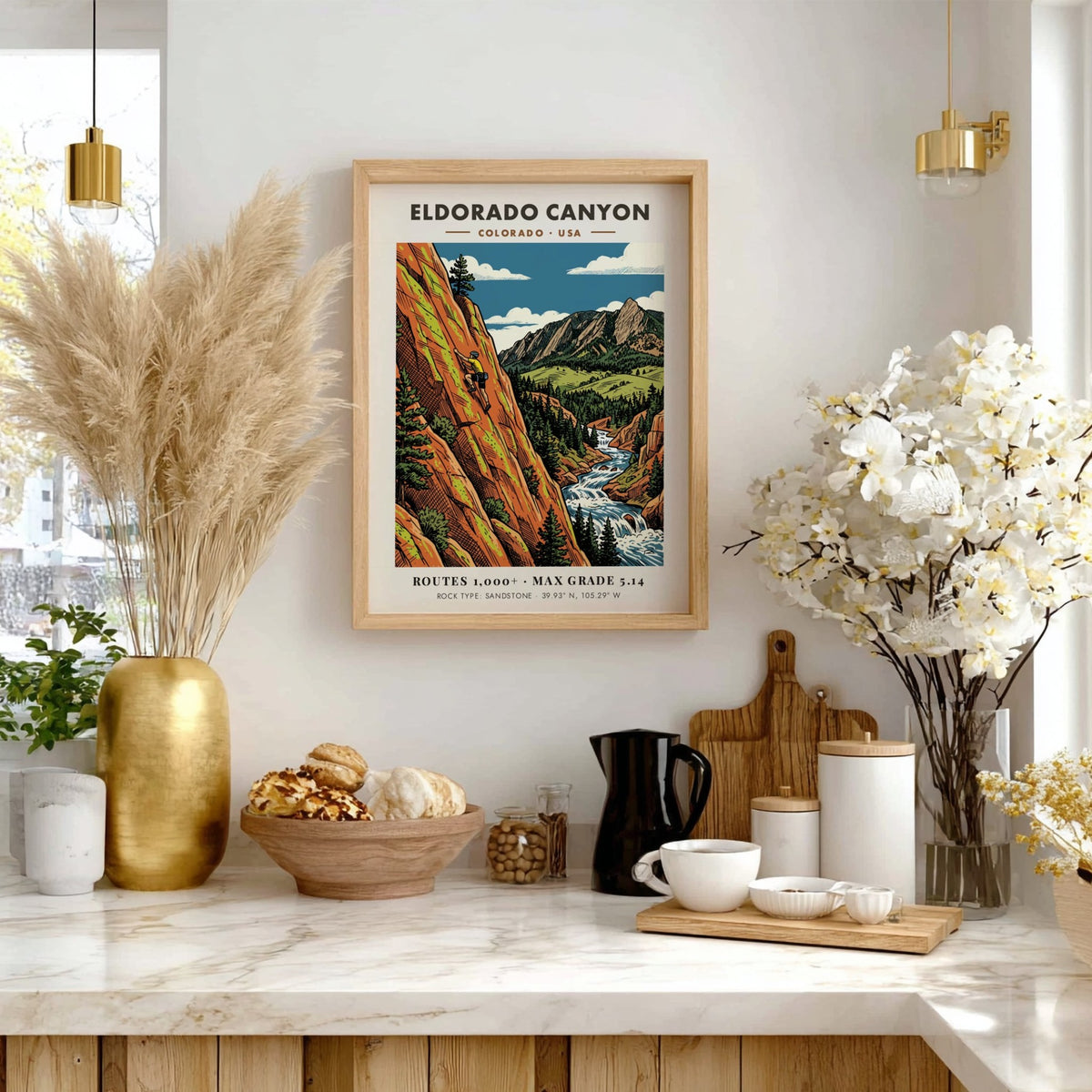 Poster featuring a climber on orange sandstone cliffs above a river in Colorado