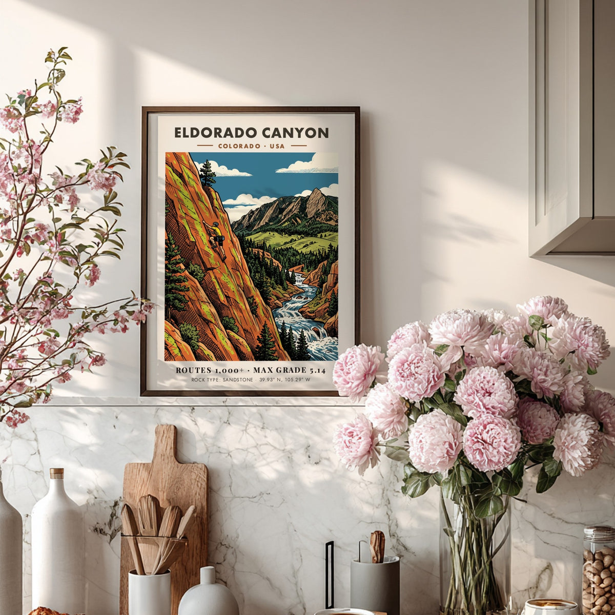 Poster featuring a climber on orange sandstone cliffs above a river in Colorado