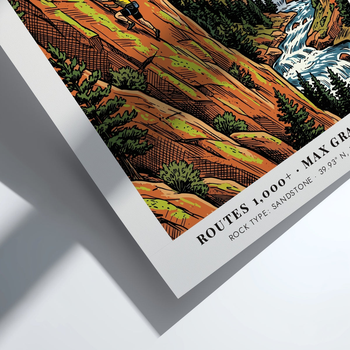 Poster featuring a climber on orange sandstone cliffs above a river in Colorado